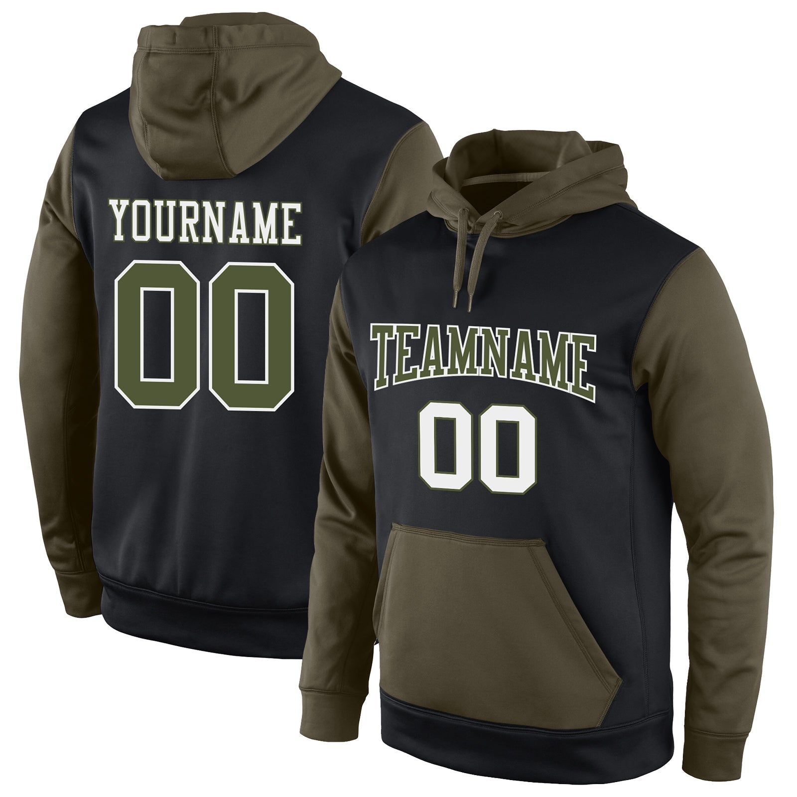 Custom Stitched Black Olive-White Sports Pullover Sweatshirt Hoodie - Main View