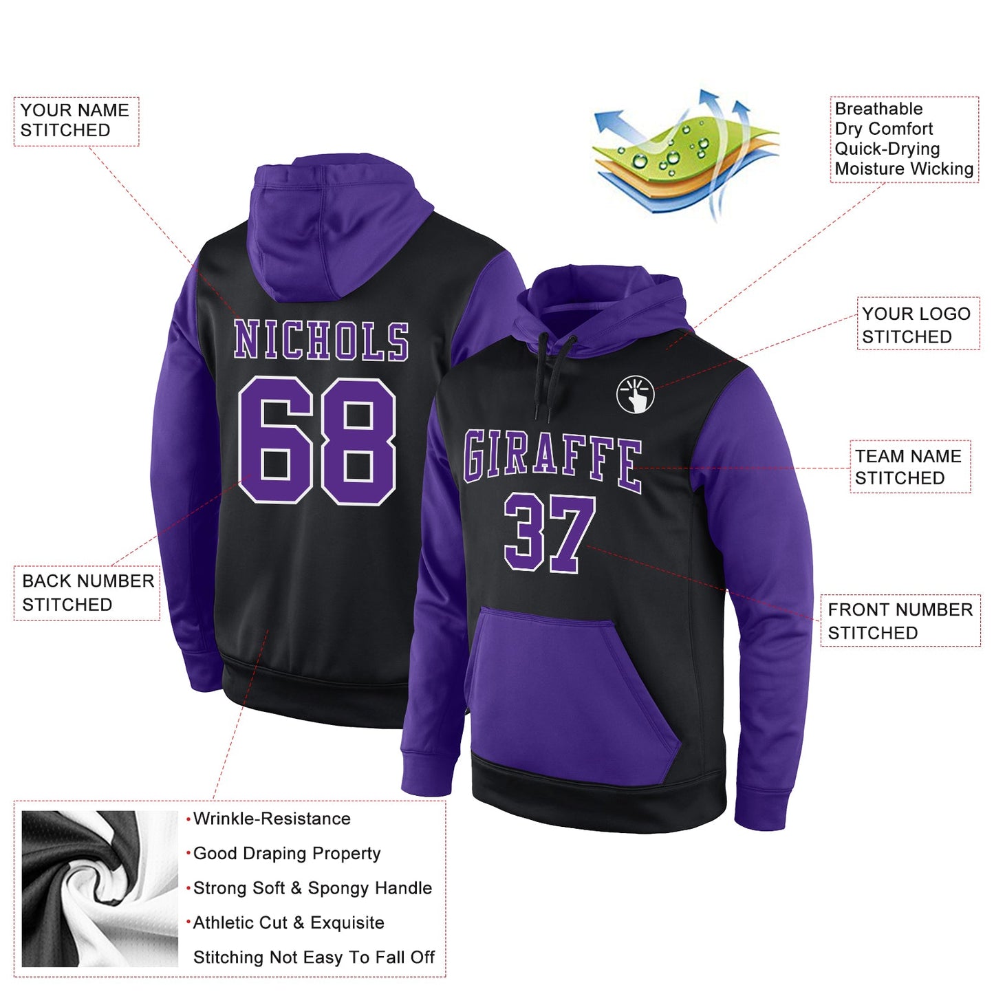 Custom Stitched Black Purple-White Sports Pullover Sweatshirt Hoodie view 2
