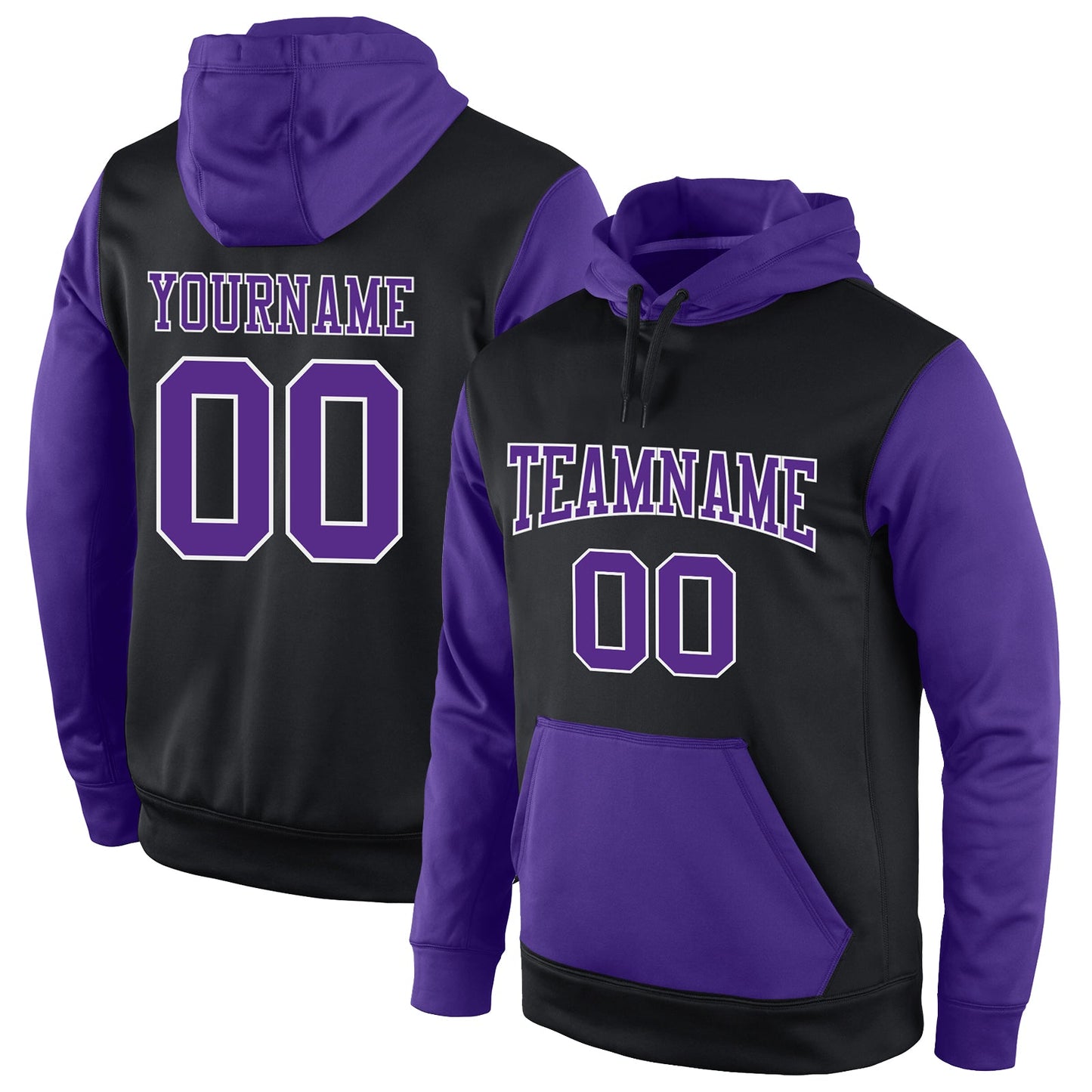Custom Stitched Black Purple-White Sports Pullover Sweatshirt Hoodie - Main View