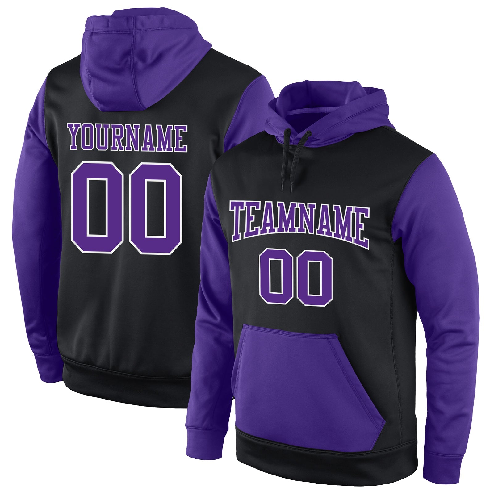 Custom Stitched Black Purple-White Sports Pullover Sweatshirt Hoodie - Main View