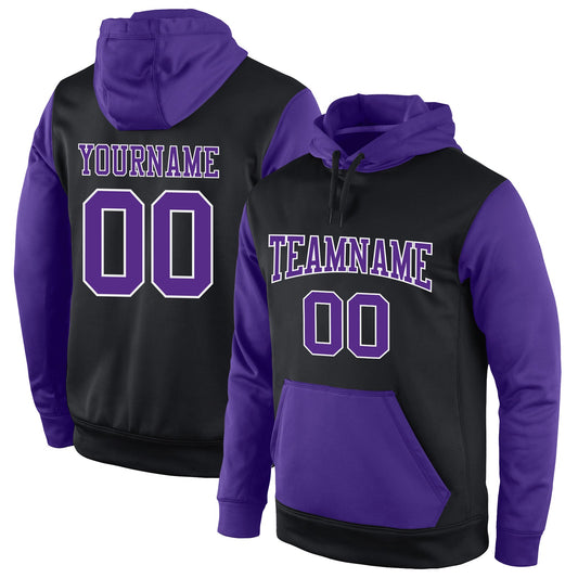 Custom Stitched Black Purple-White Sports Pullover Sweatshirt Hoodie - Main View