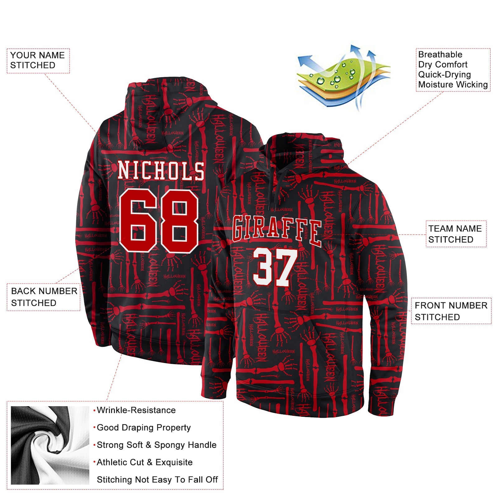 Custom Stitched Black Red-White 3D Pattern Halloween Sports Pullover Sweatshirt Hoodie view 2