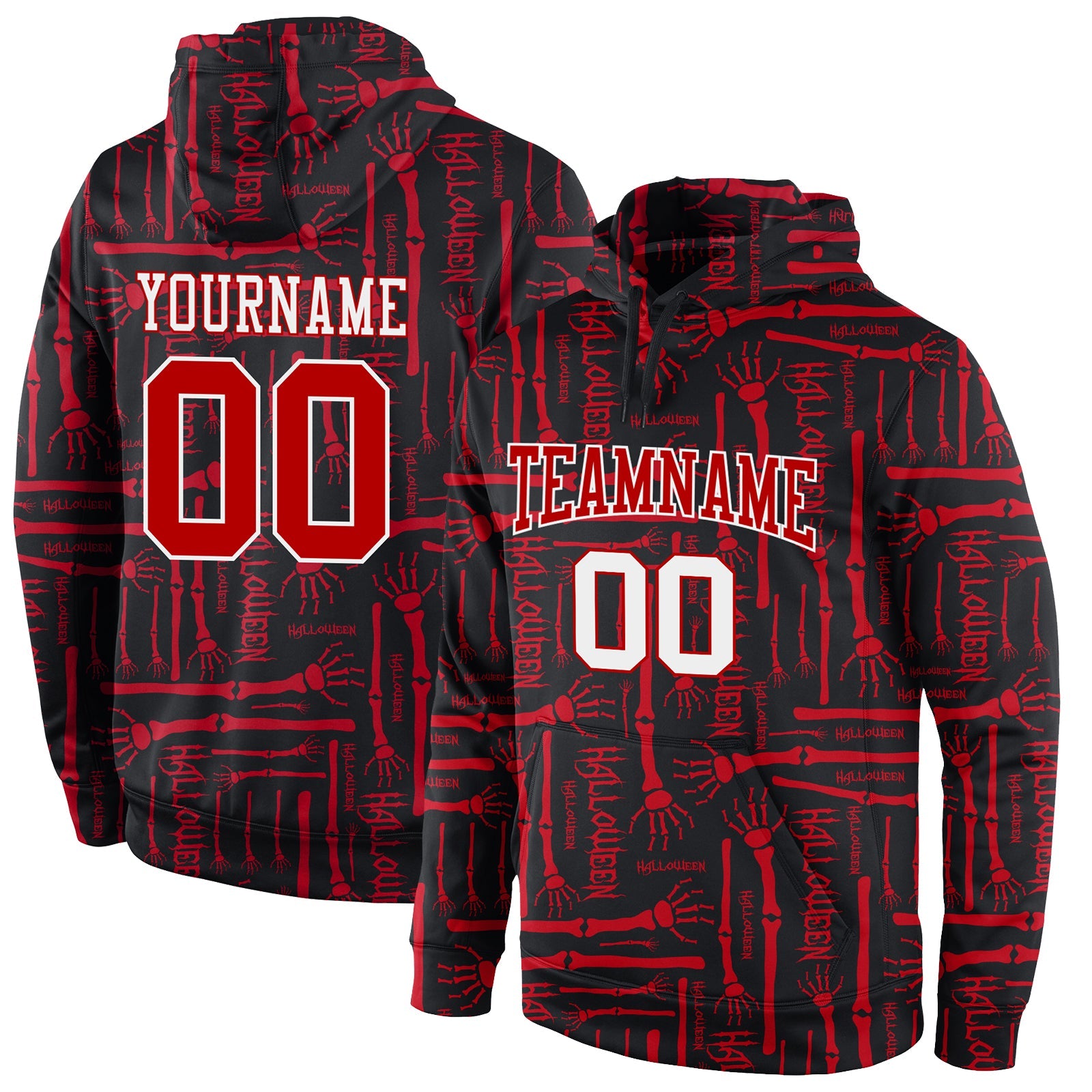 Custom Stitched Black Red-White 3D Pattern Halloween Sports Pullover Sweatshirt Hoodie - Main View