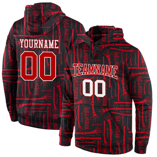 Custom Stitched Black Red-White 3D Pattern Halloween Sports Pullover Sweatshirt Hoodie - Main View