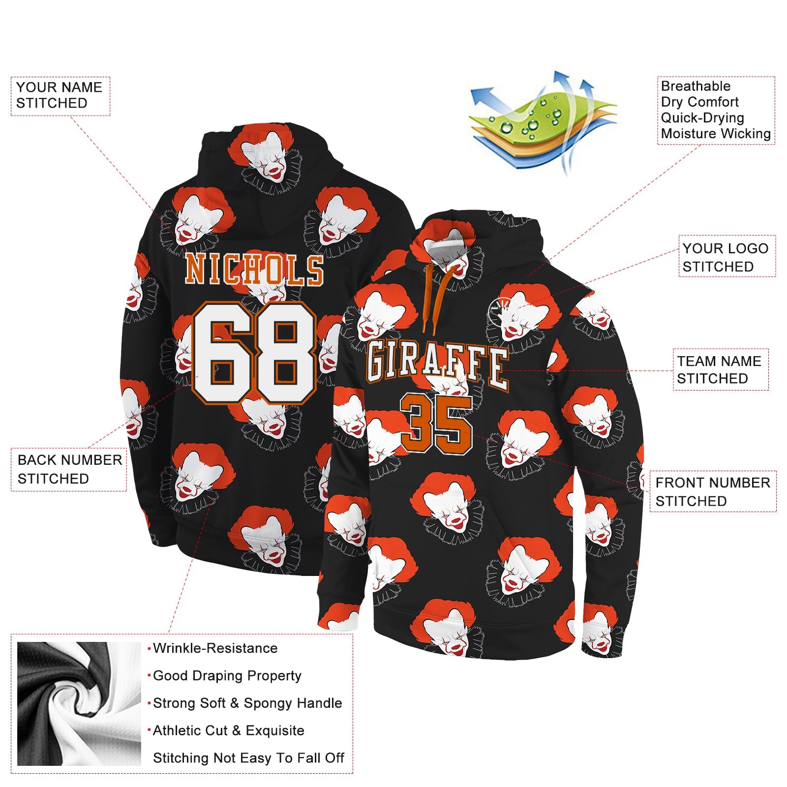 Custom Stitched Black White-Orange 3D Pattern Design Clown Sports Pullover Sweatshirt Hoodie view 2