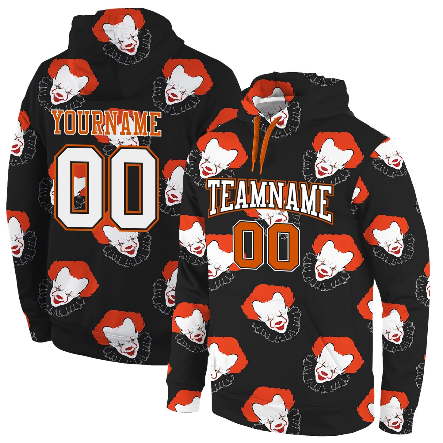 Custom Stitched Black White-Orange 3D Pattern Design Clown Sports Pullover Sweatshirt Hoodie - Main View