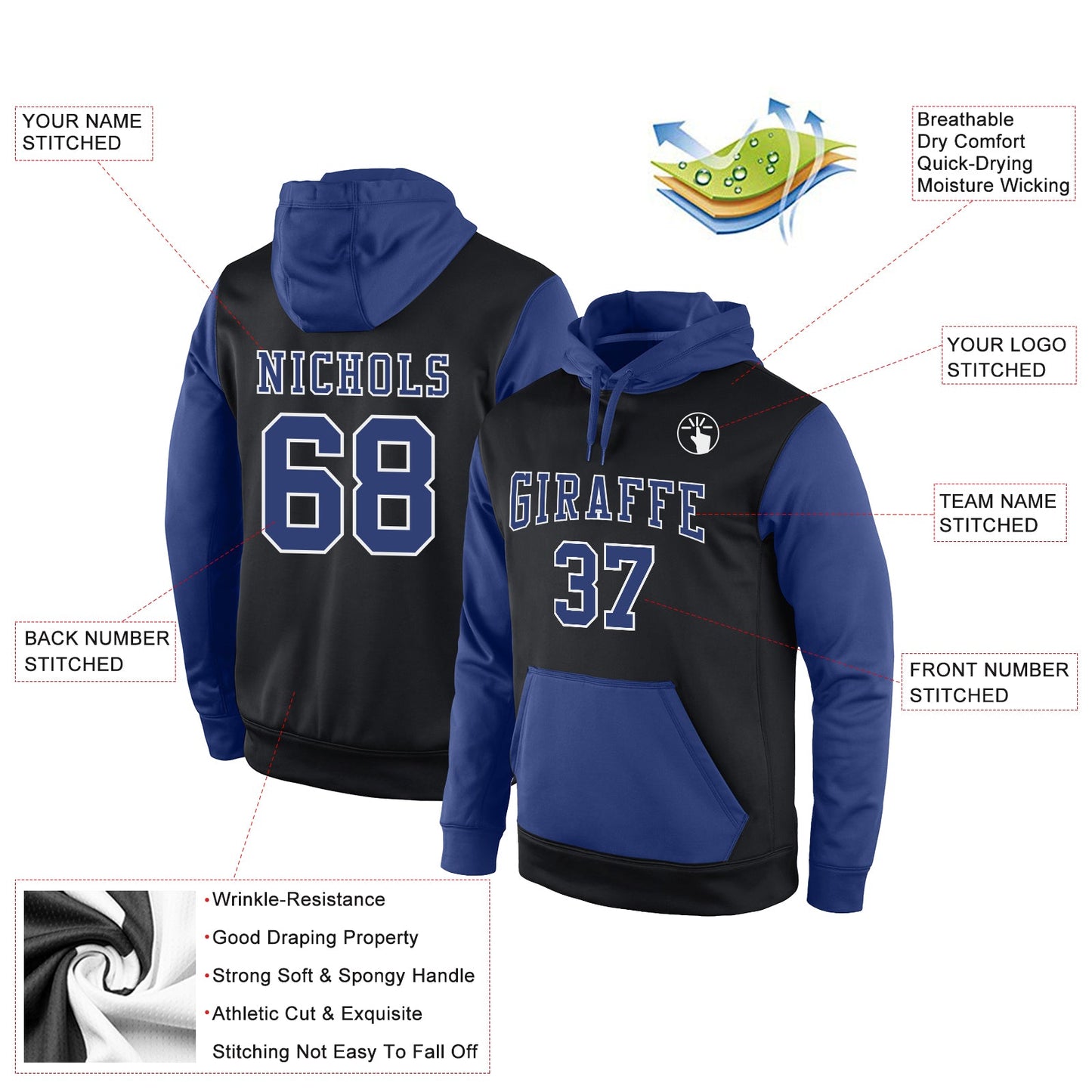 Custom Stitched Black Royal-White Sports Pullover Sweatshirt Hoodie view 2