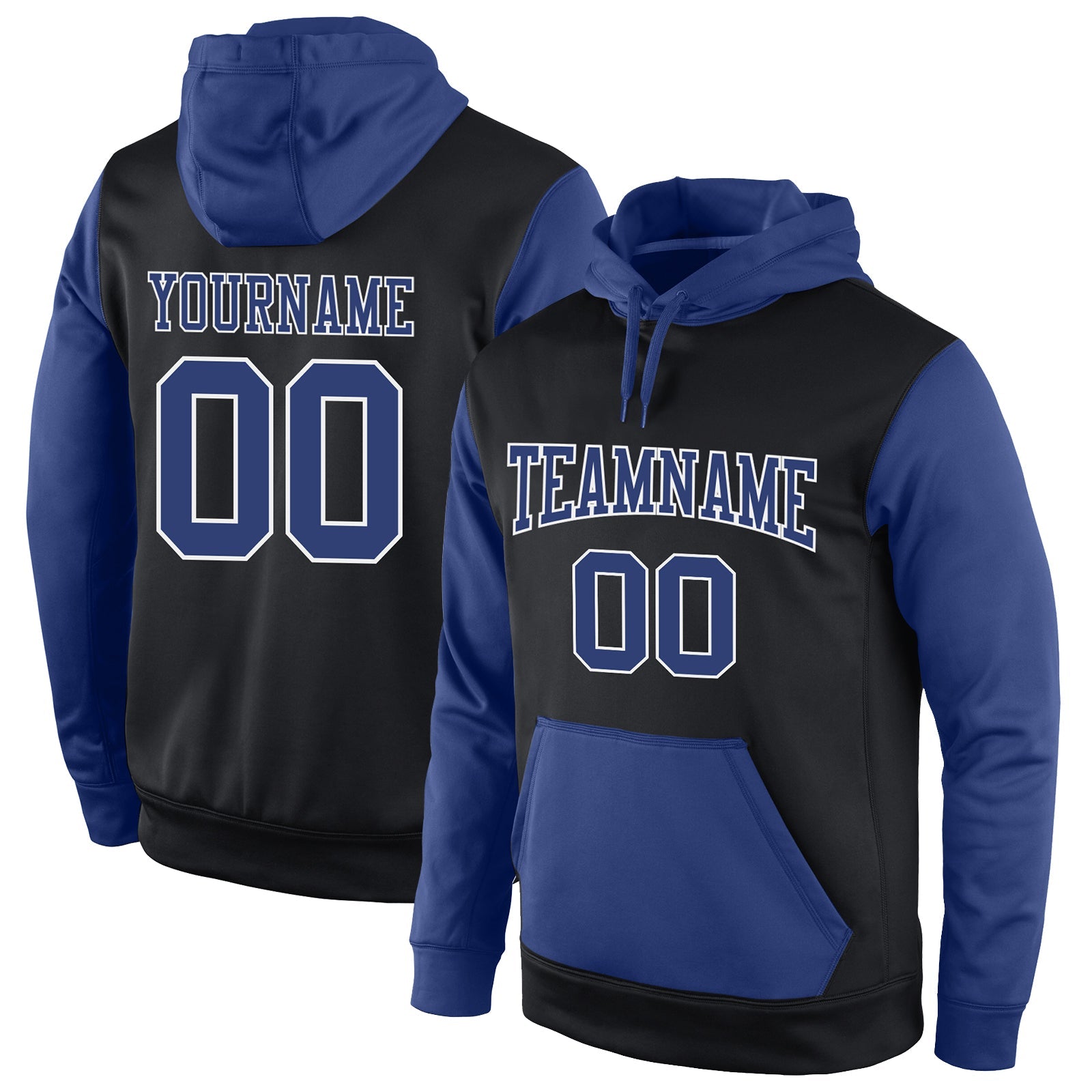 Custom Stitched Black Royal-White Sports Pullover Sweatshirt Hoodie - Main View