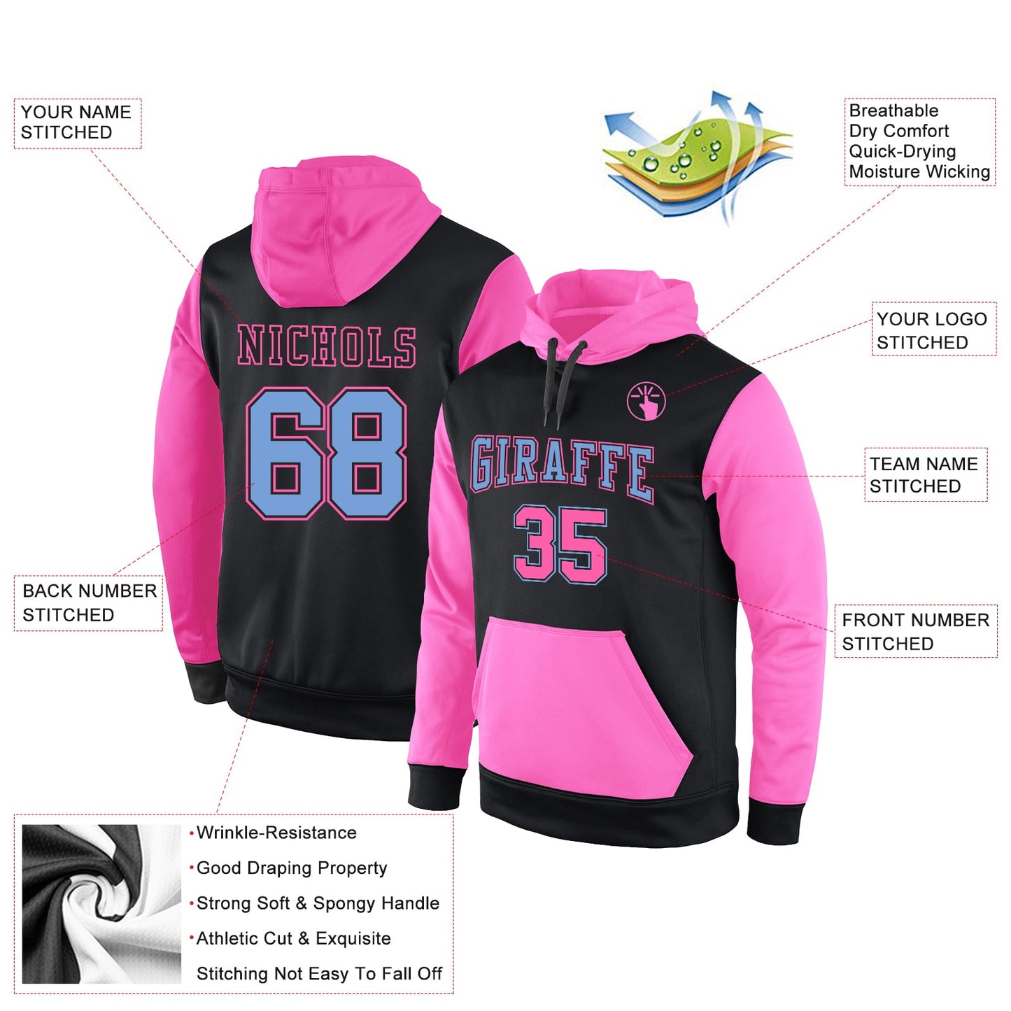 Custom Stitched Black Light Blue-Pink Sports Pullover Sweatshirt Hoodie view 2