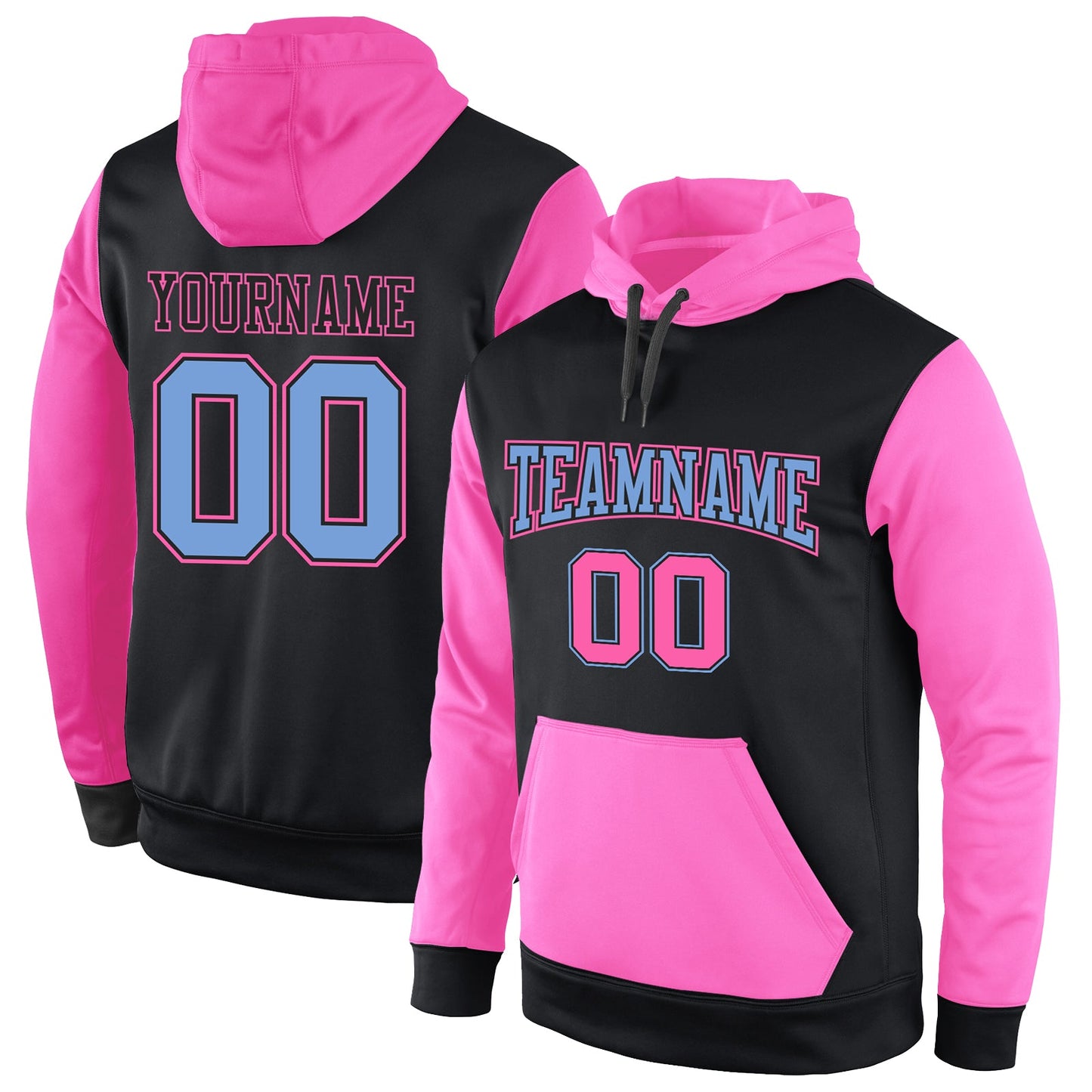 Custom Stitched Black Light Blue-Pink Sports Pullover Sweatshirt Hoodie - Main View