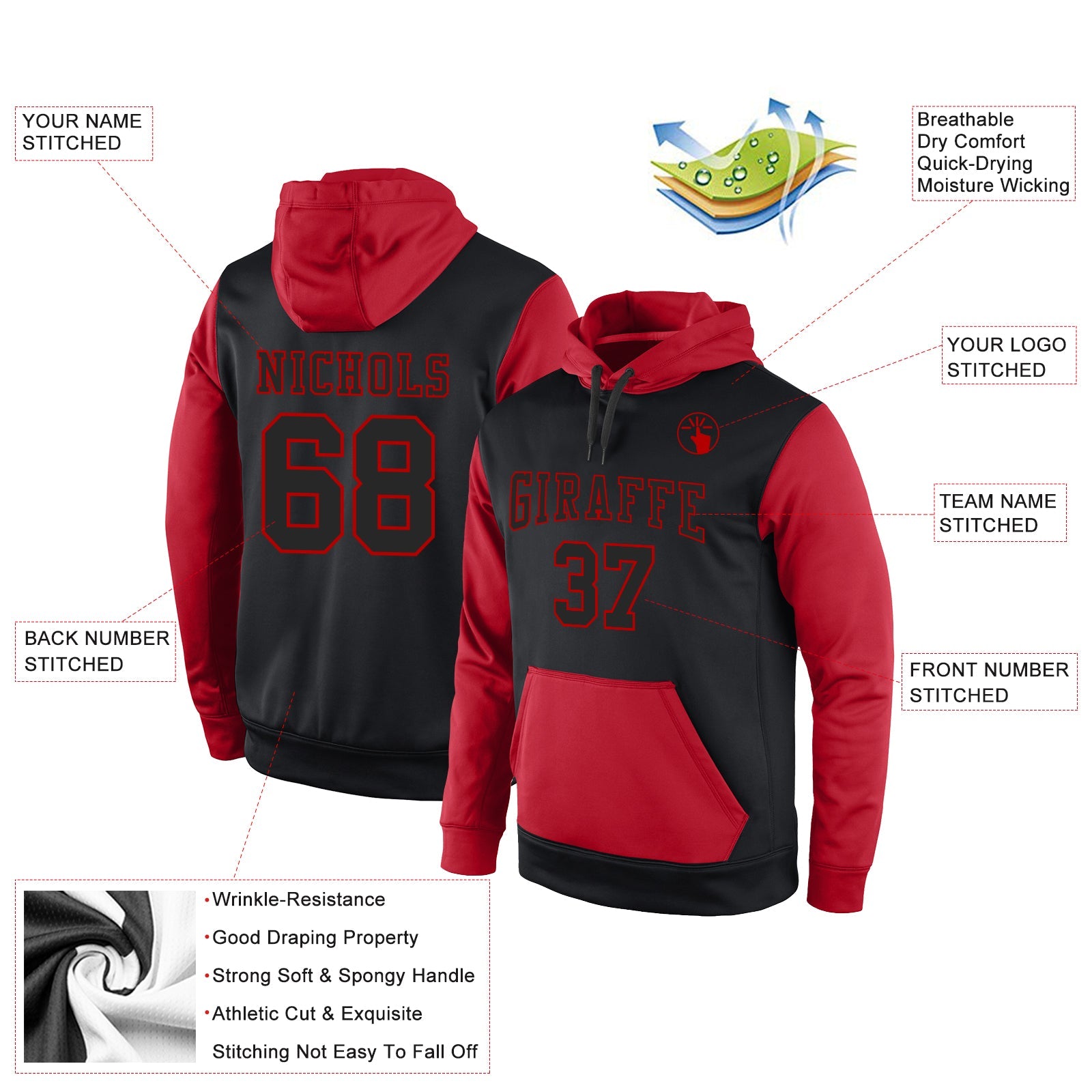 Custom Stitched Black Black-Red Sports Pullover Sweatshirt Hoodie view 2