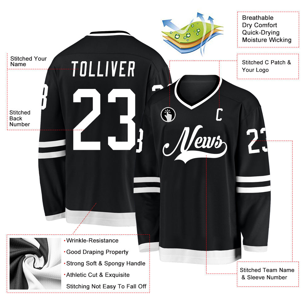 Custom Black White Hockey Jersey view 3
