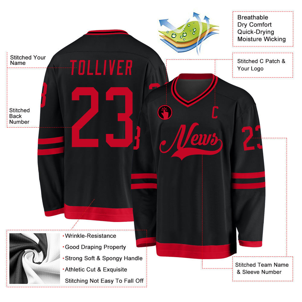 Custom Black Red Hockey Jersey view 2