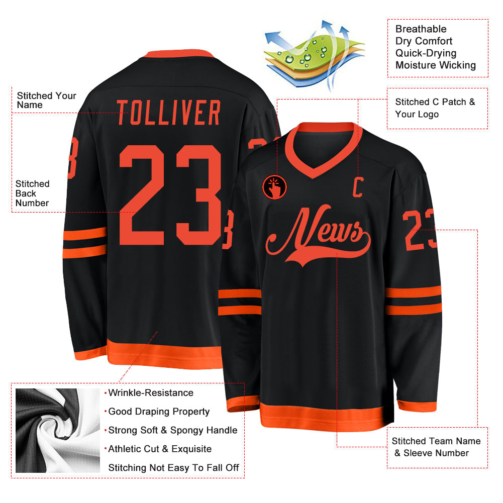 Custom Black Orange Hockey Jersey view 2