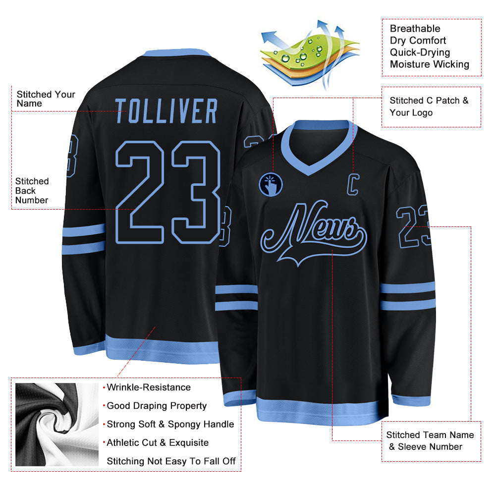 Custom Black Black-Light Blue Hockey Jersey view 2