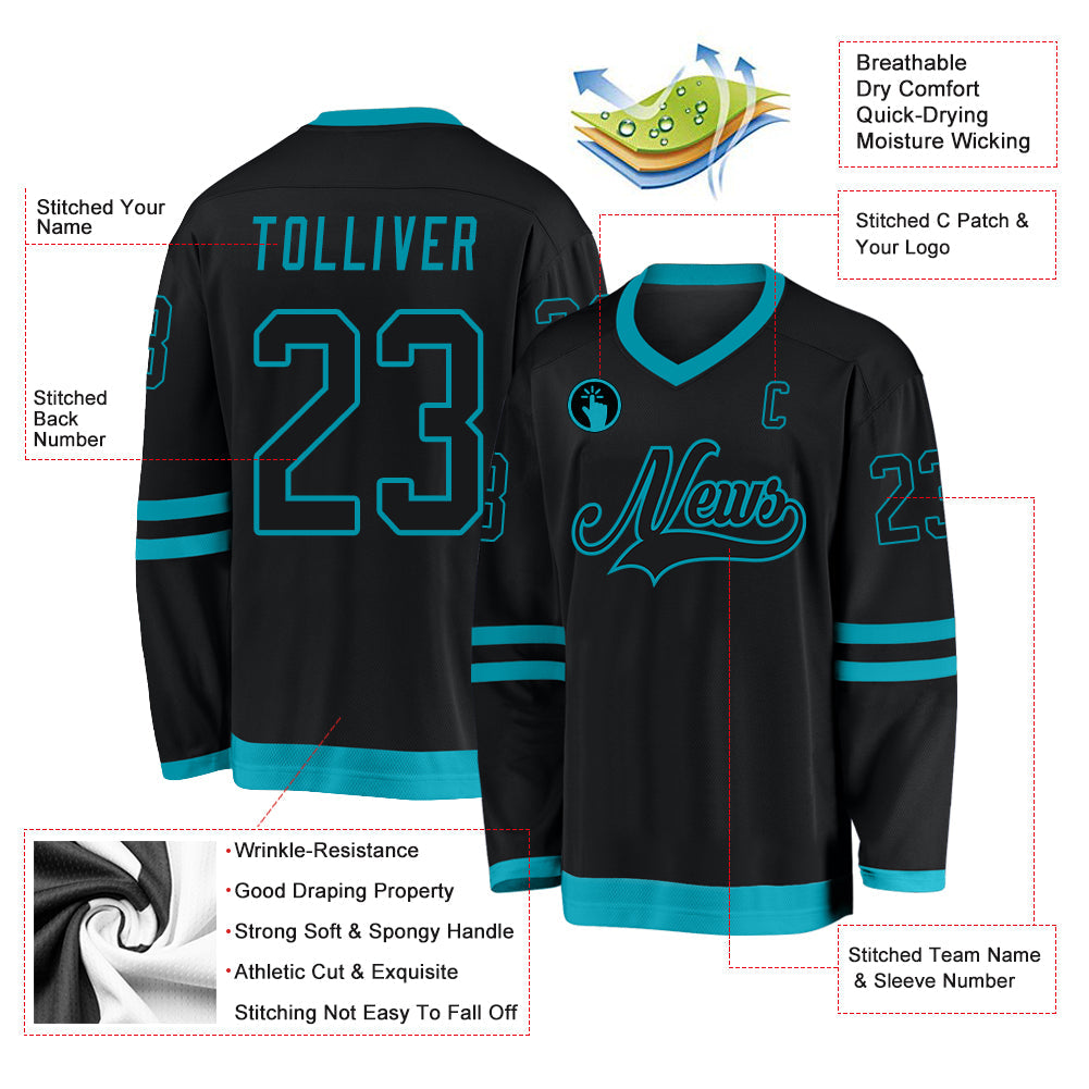 Custom Black Black-Teal Hockey Jersey view 2