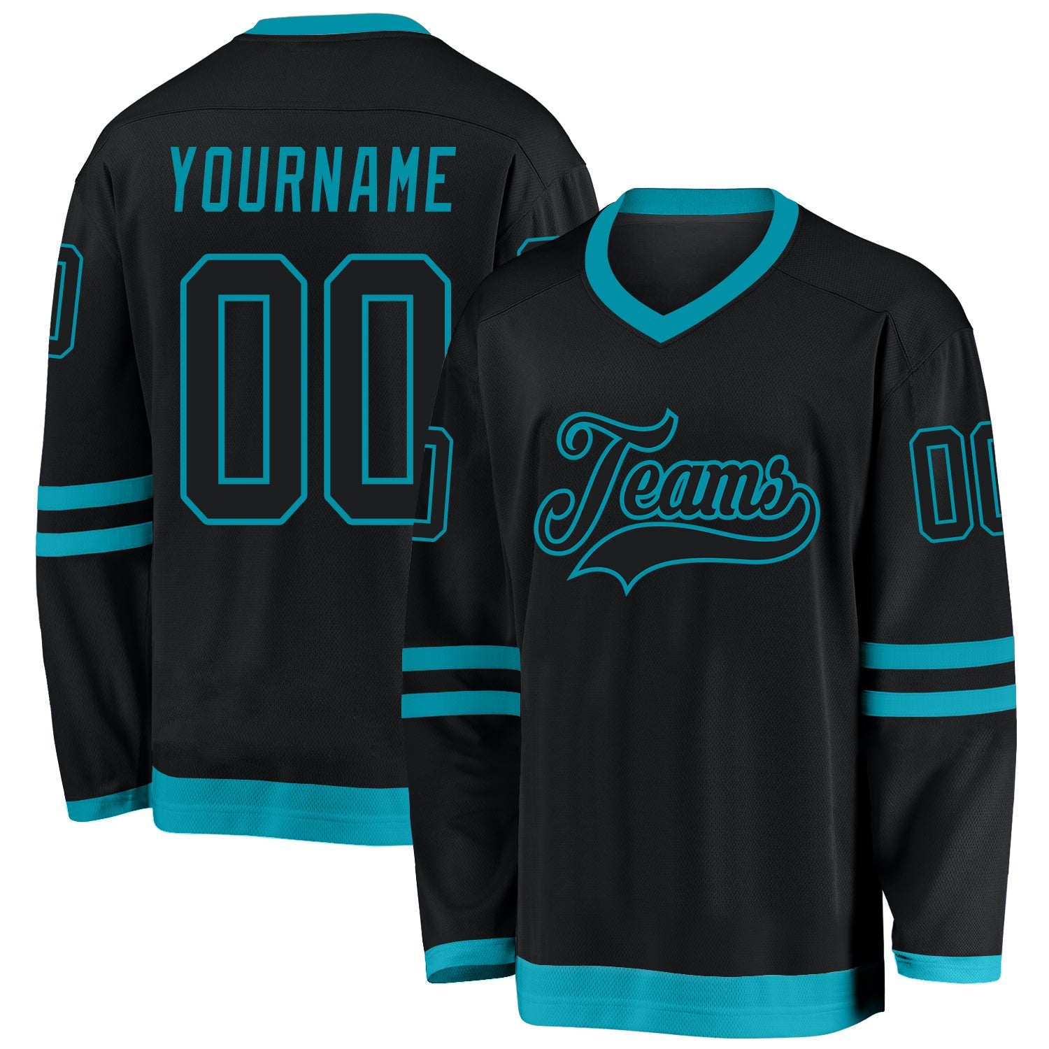 Custom Black Black-Teal Hockey Jersey - Main View