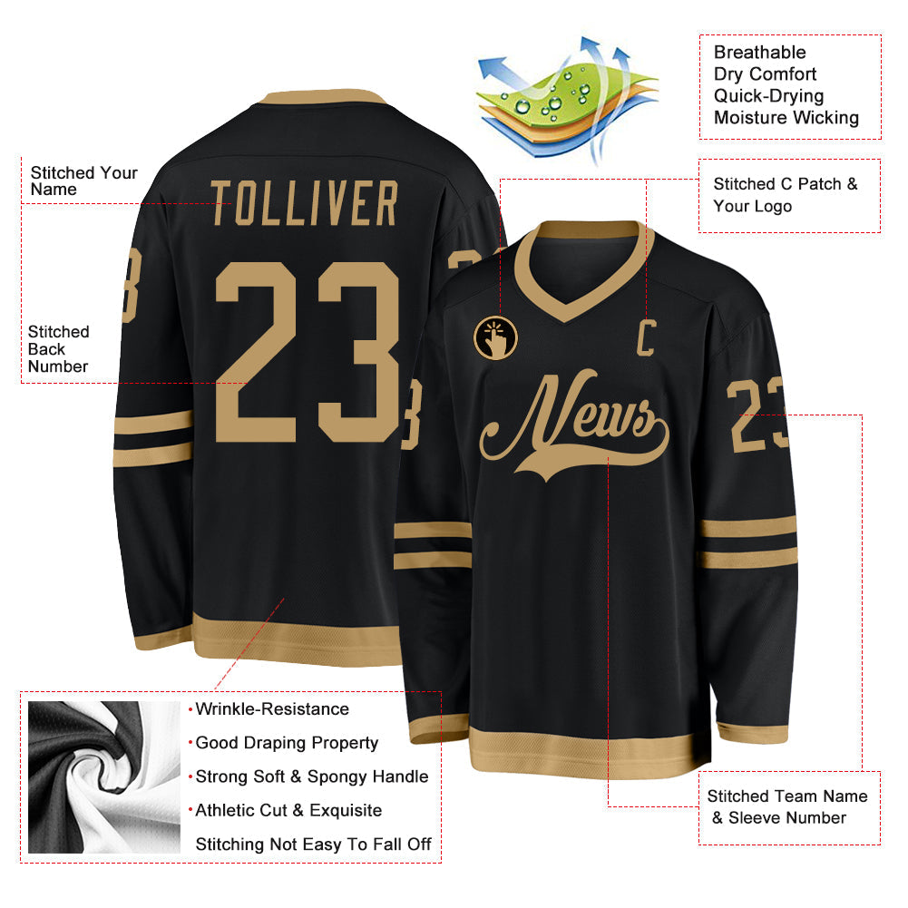 Custom Black Old Gold Hockey Jersey view 2