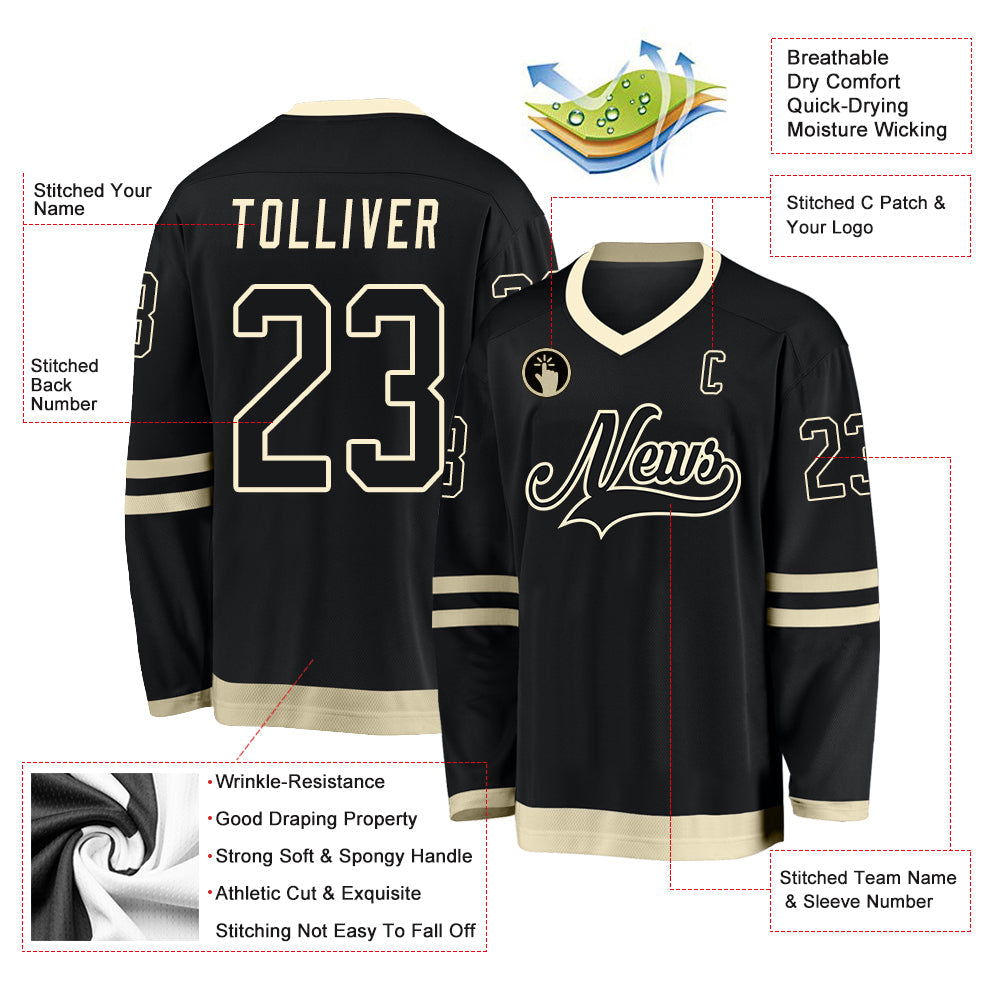 Custom Black Black-Cream Hockey Jersey view 2