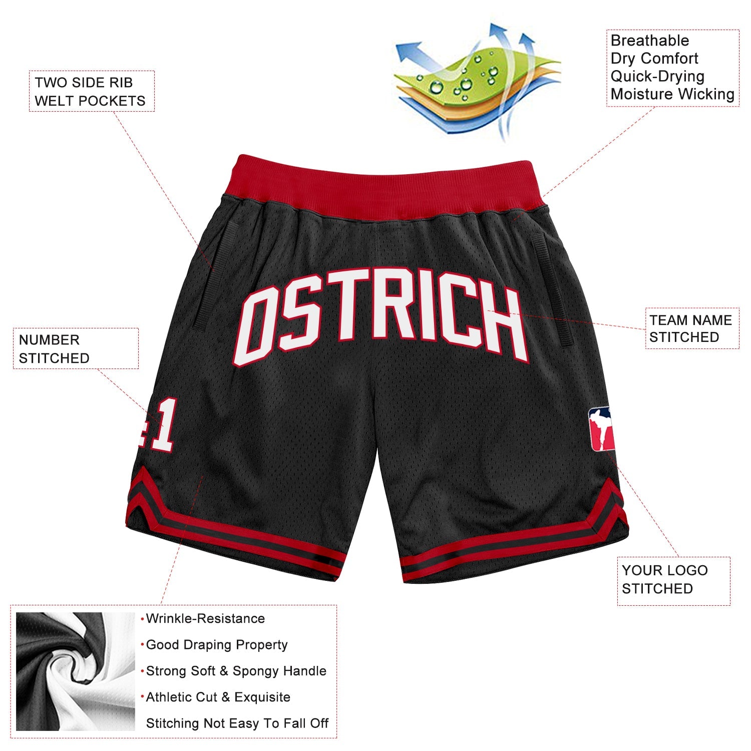 Custom Black White-Red Authentic Throwback Basketball Shorts view 2