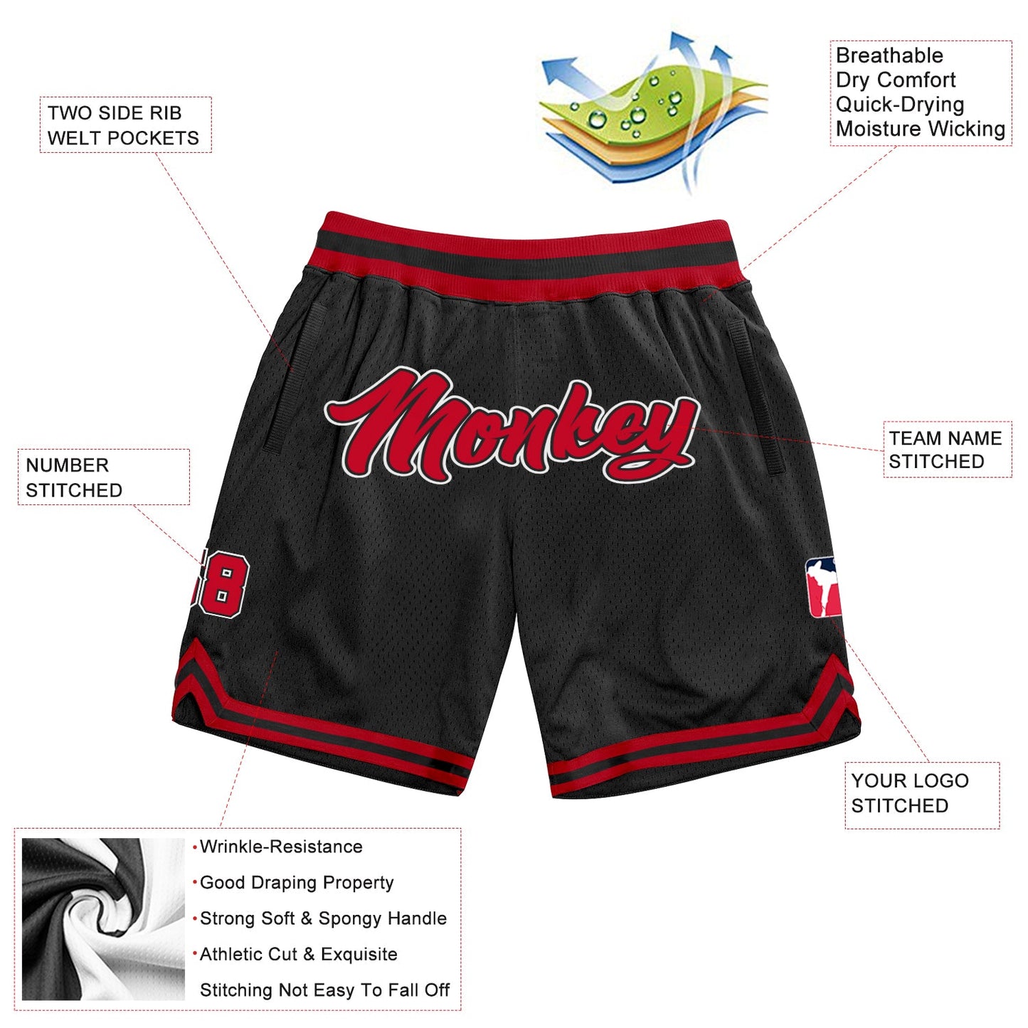 Custom Black Red-White Authentic Throwback Basketball Shorts view 2