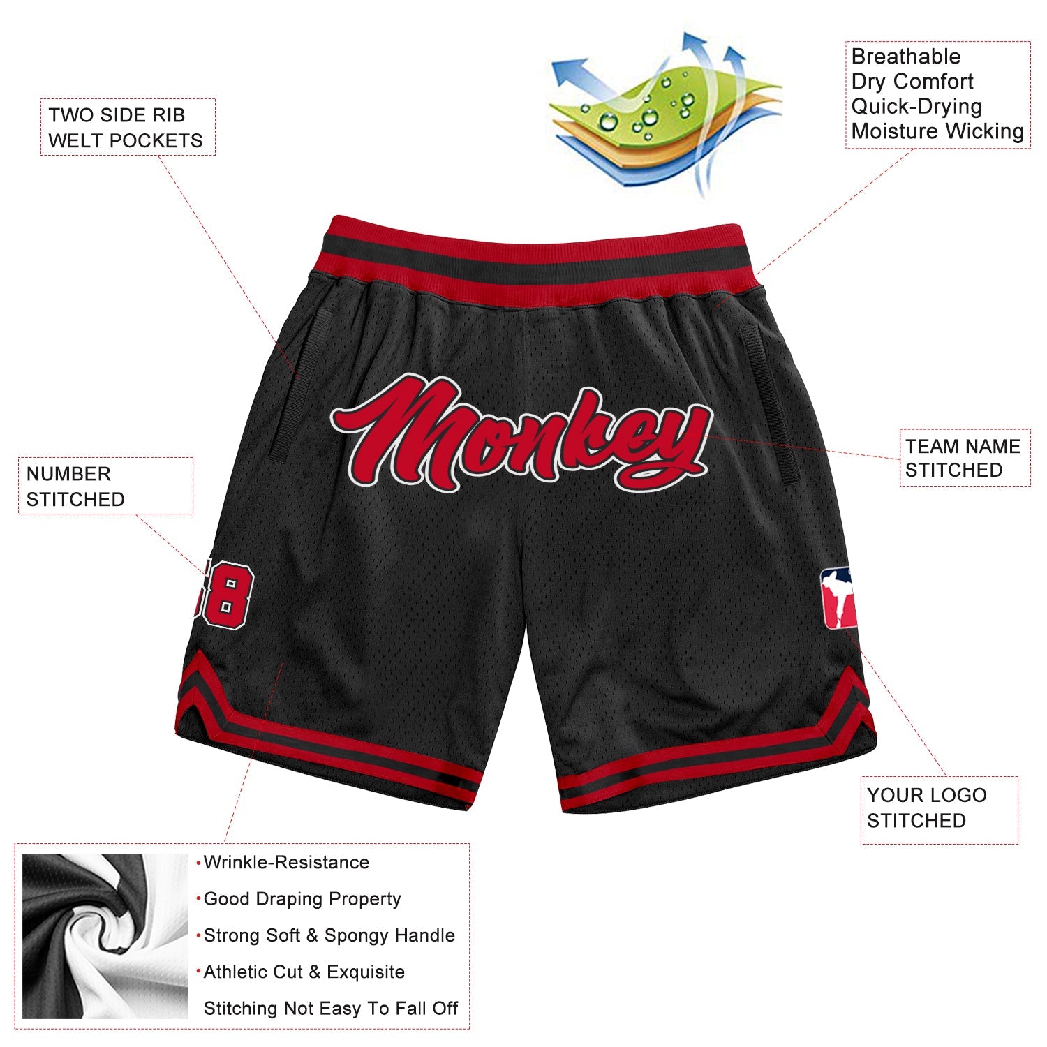 Custom Black Red-White Authentic Throwback Basketball Shorts view 2