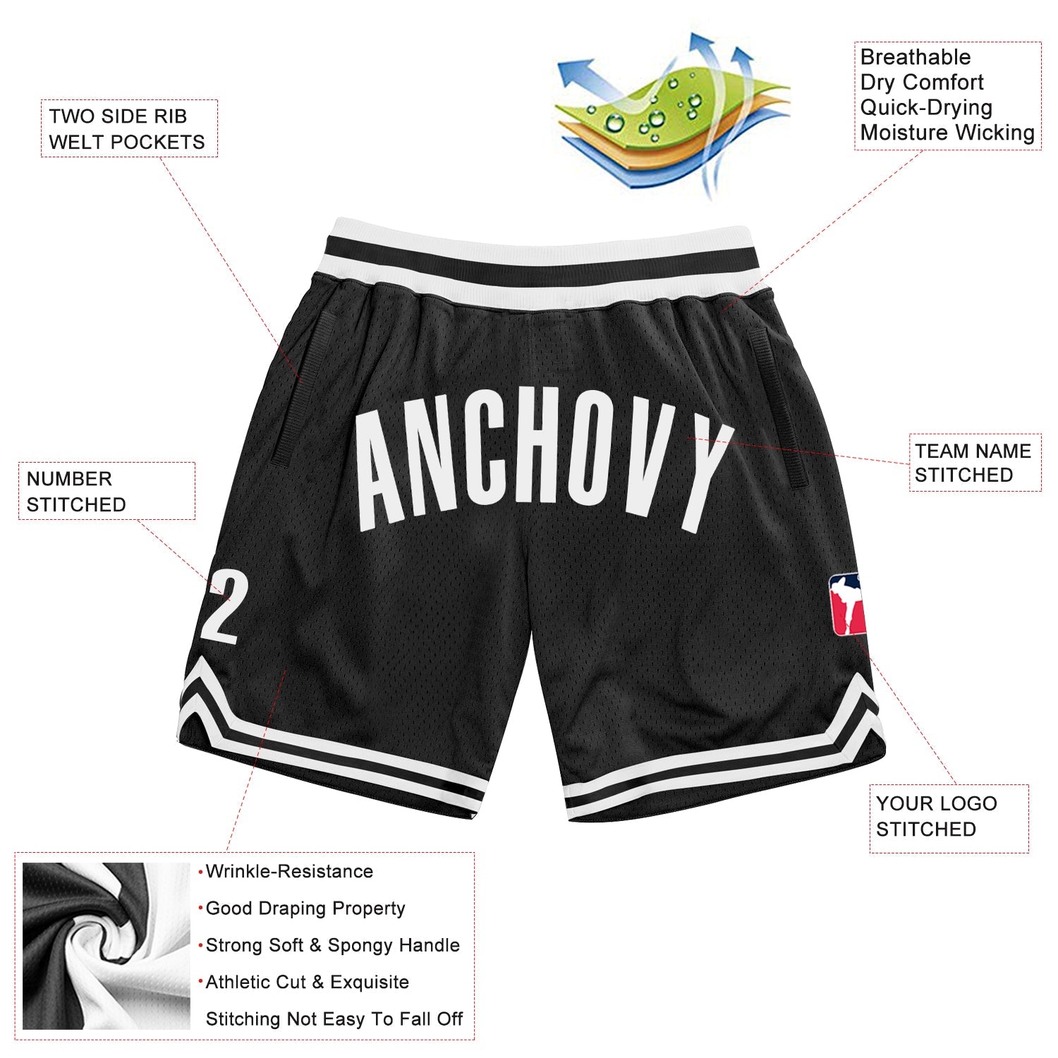 Custom Black White Authentic Throwback Basketball Shorts view 2