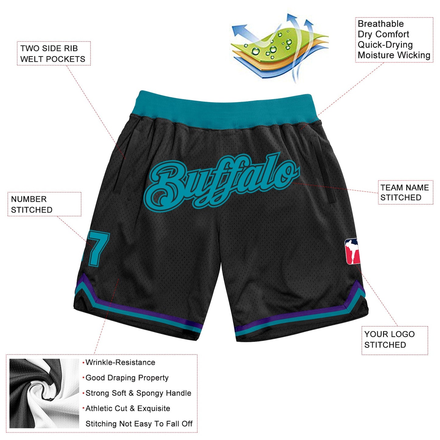 Custom Black Teal-Black Authentic Throwback Basketball Shorts view 2