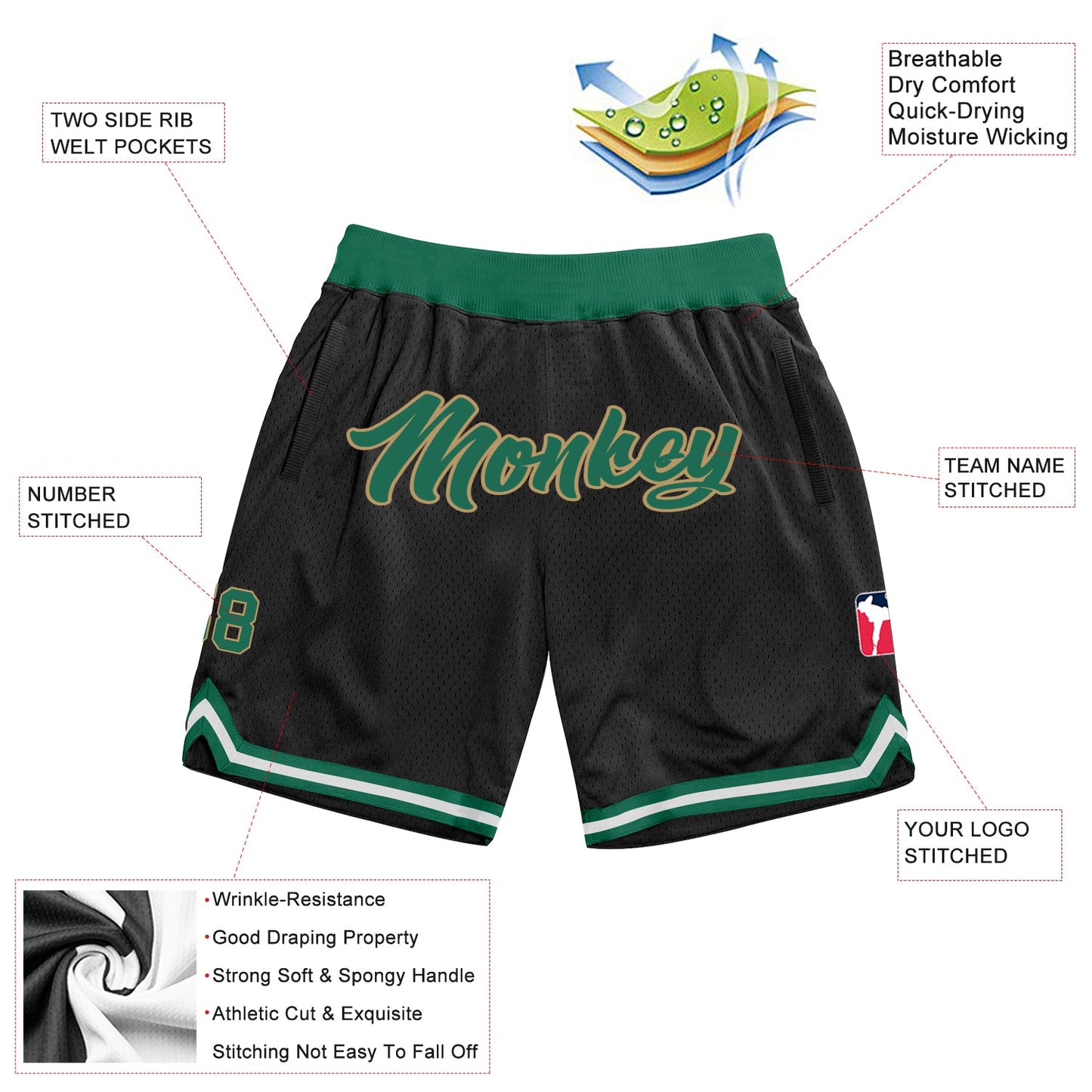 Custom Black Kelly Green-Old Gold Authentic Throwback Basketball Shorts view 2