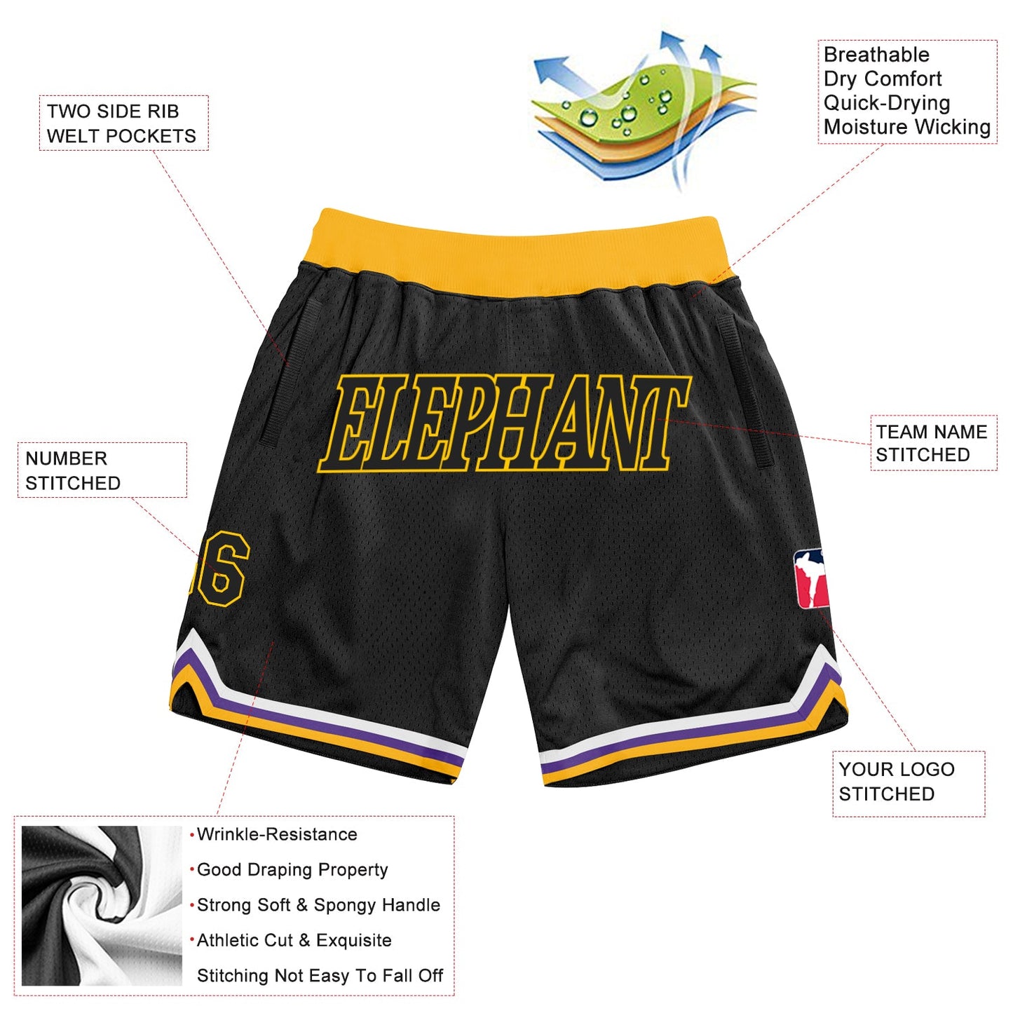 Custom Black Black-Gold Authentic Throwback Basketball Shorts view 2