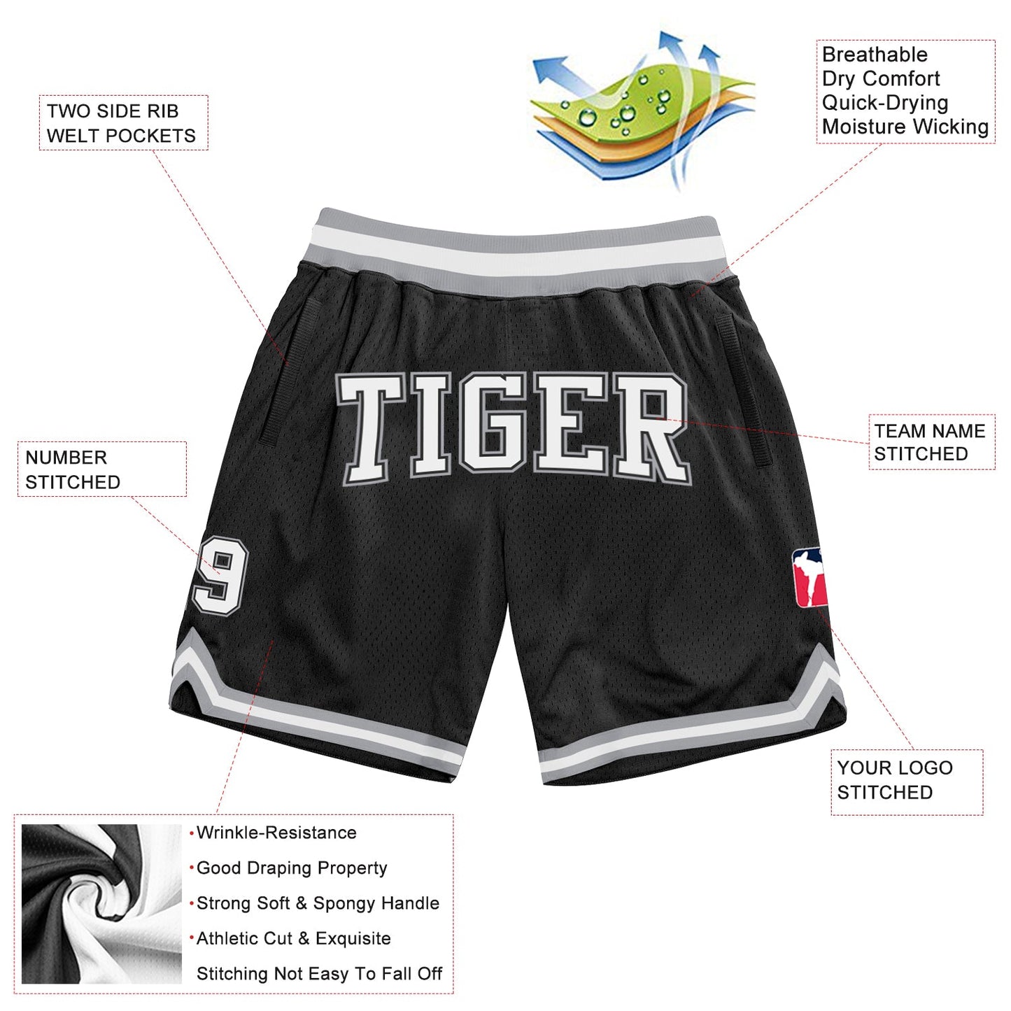 Custom Black White-Gray Authentic Throwback Basketball Shorts view 2