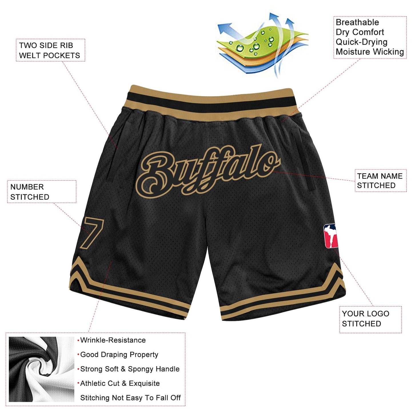 Custom Black Black-Old Gold Authentic Throwback Basketball Shorts view 2