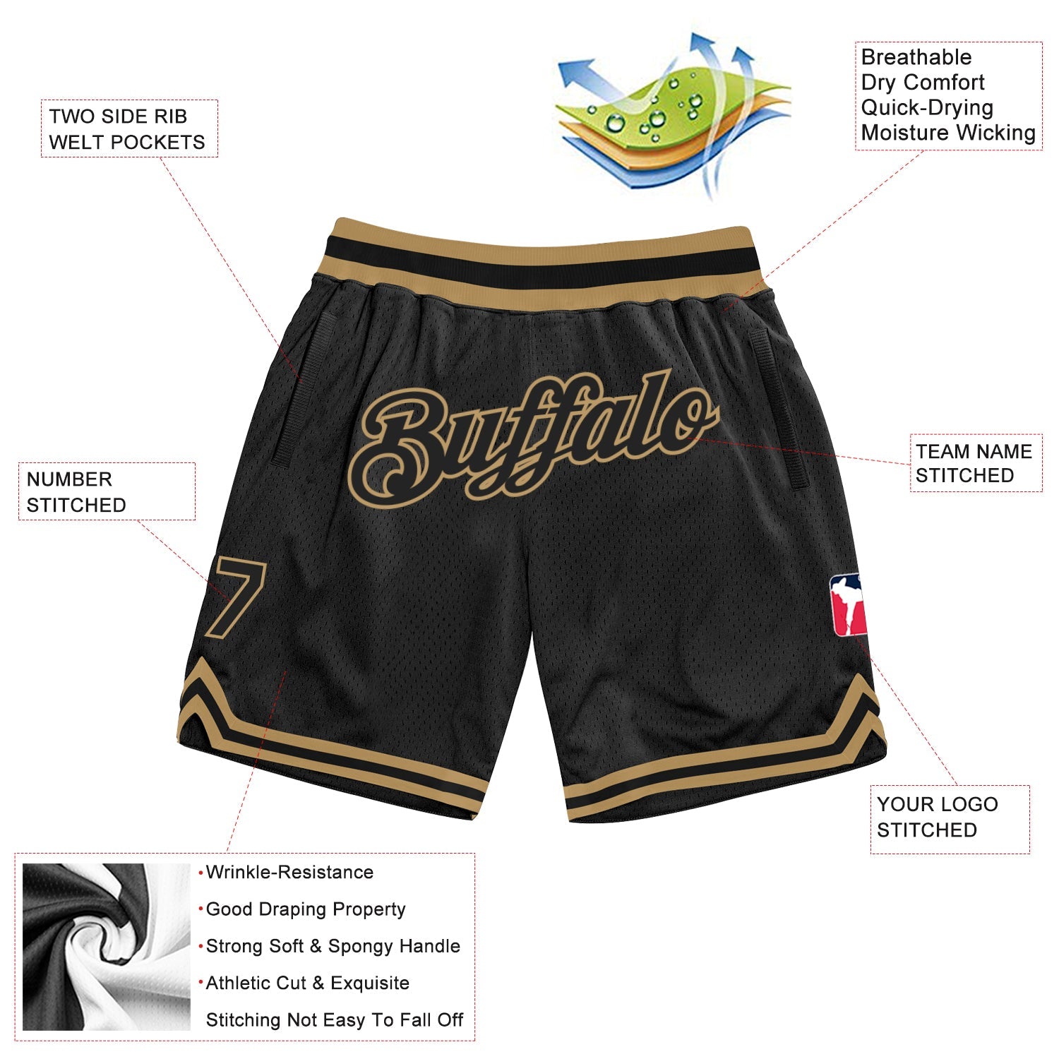 Custom Black Black-Old Gold Authentic Throwback Basketball Shorts view 2