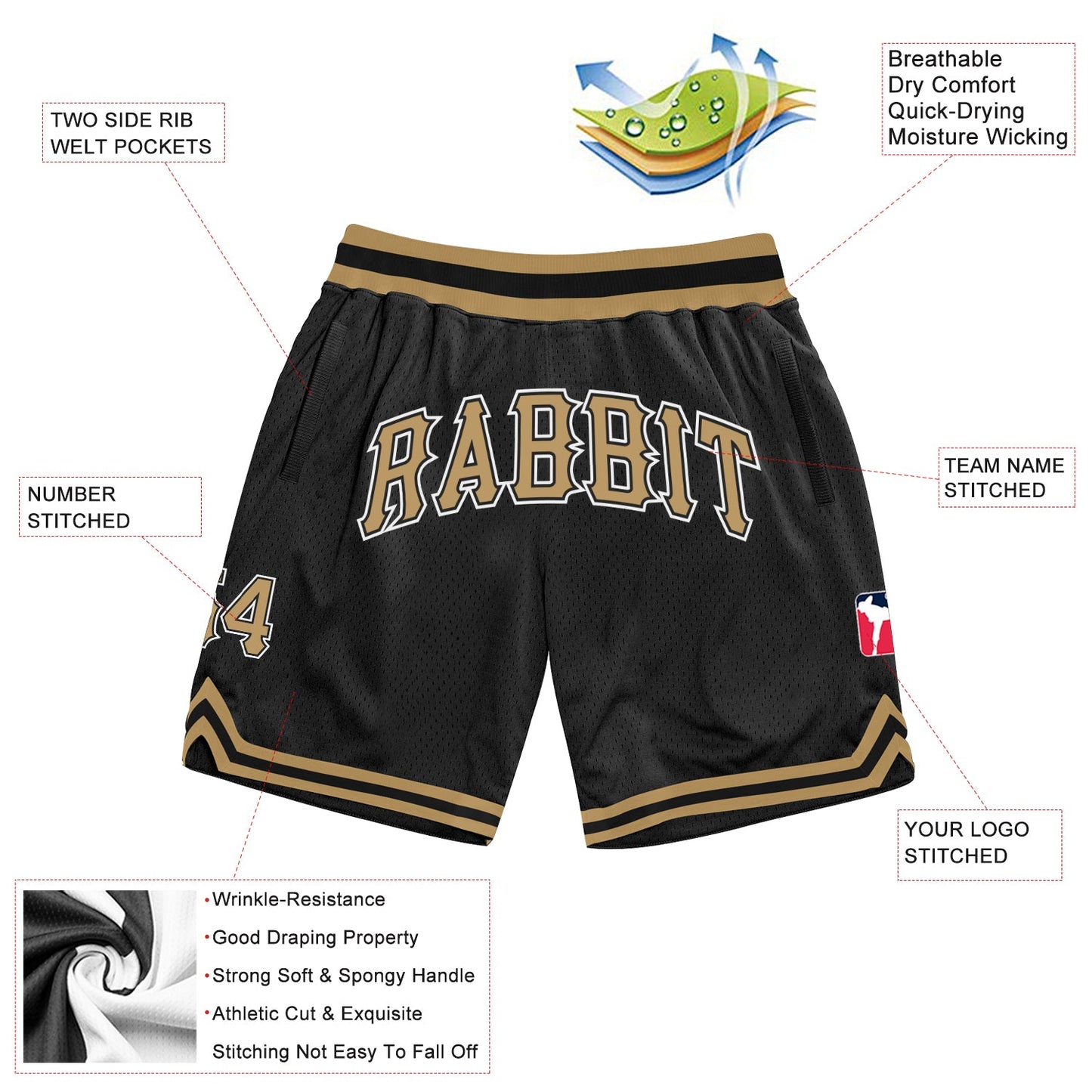 Custom Black Old Gold-White Authentic Throwback Basketball Shorts view 2