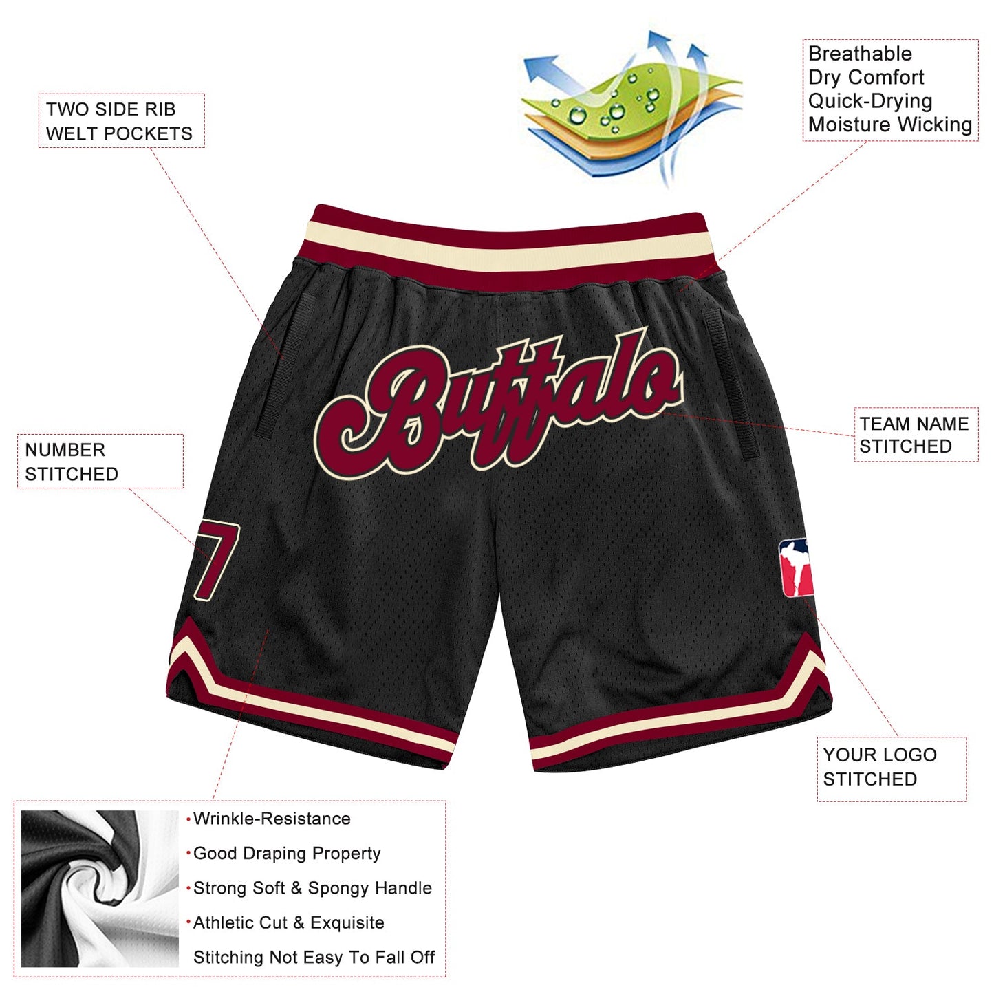 Custom Black Maroon-Cream Authentic Throwback Basketball Shorts view 2