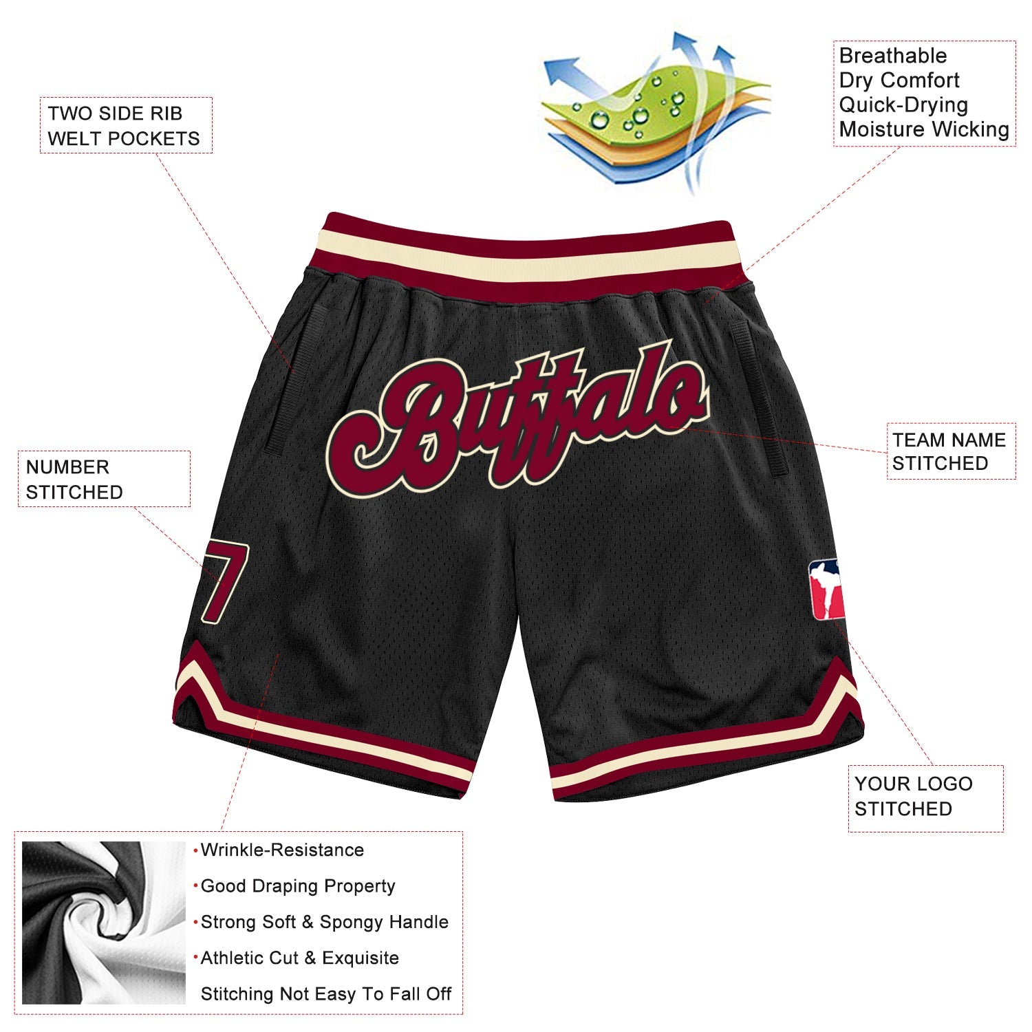 Custom Black Maroon-Cream Authentic Throwback Basketball Shorts view 2
