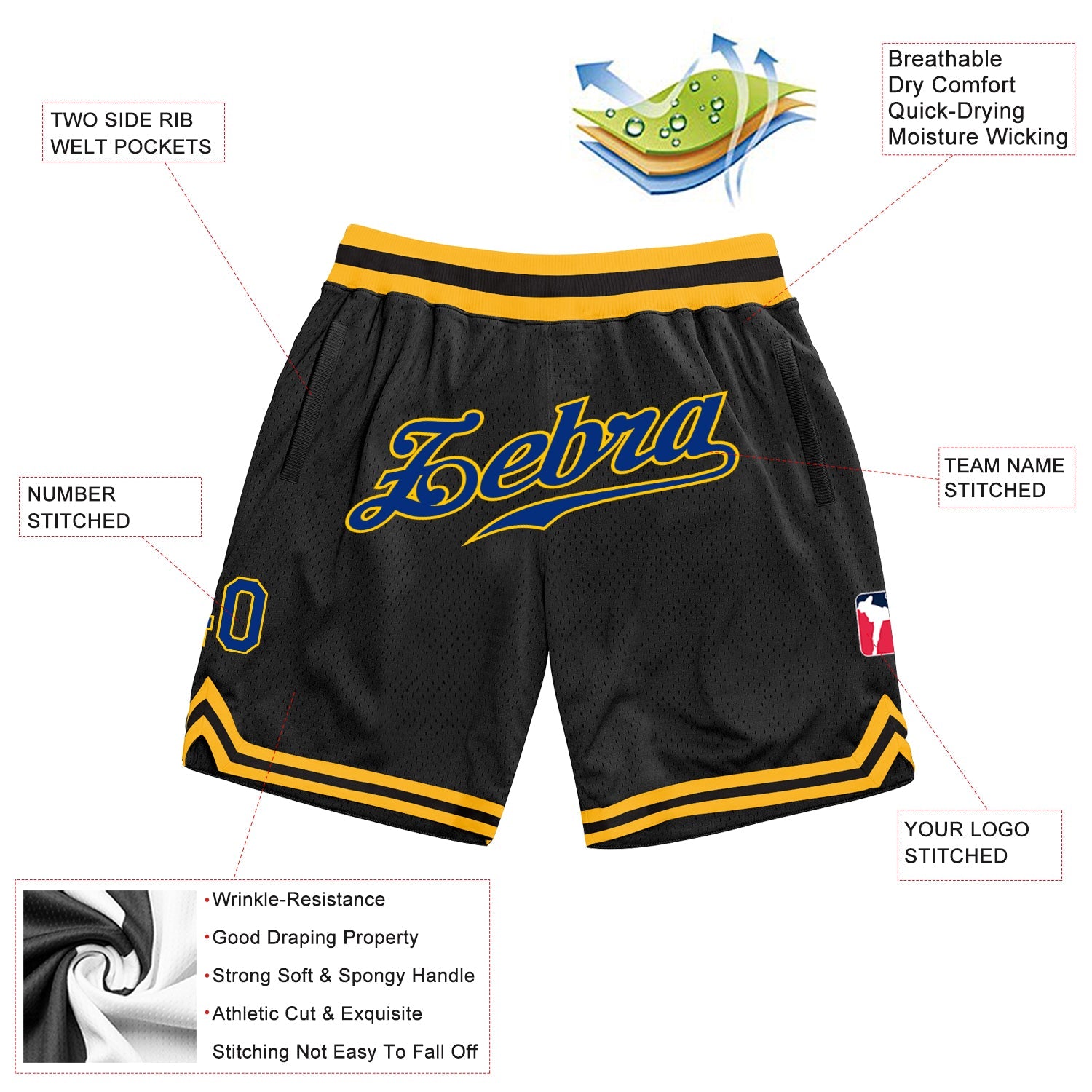 Custom Black Royal-Gold Authentic Throwback Basketball Shorts view 2