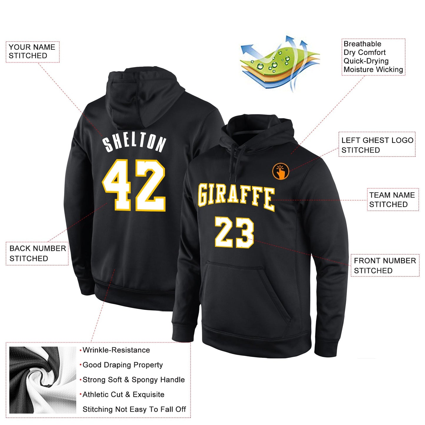 Custom Stitched Black White-Gold Sports Pullover Sweatshirt Hoodie view 2