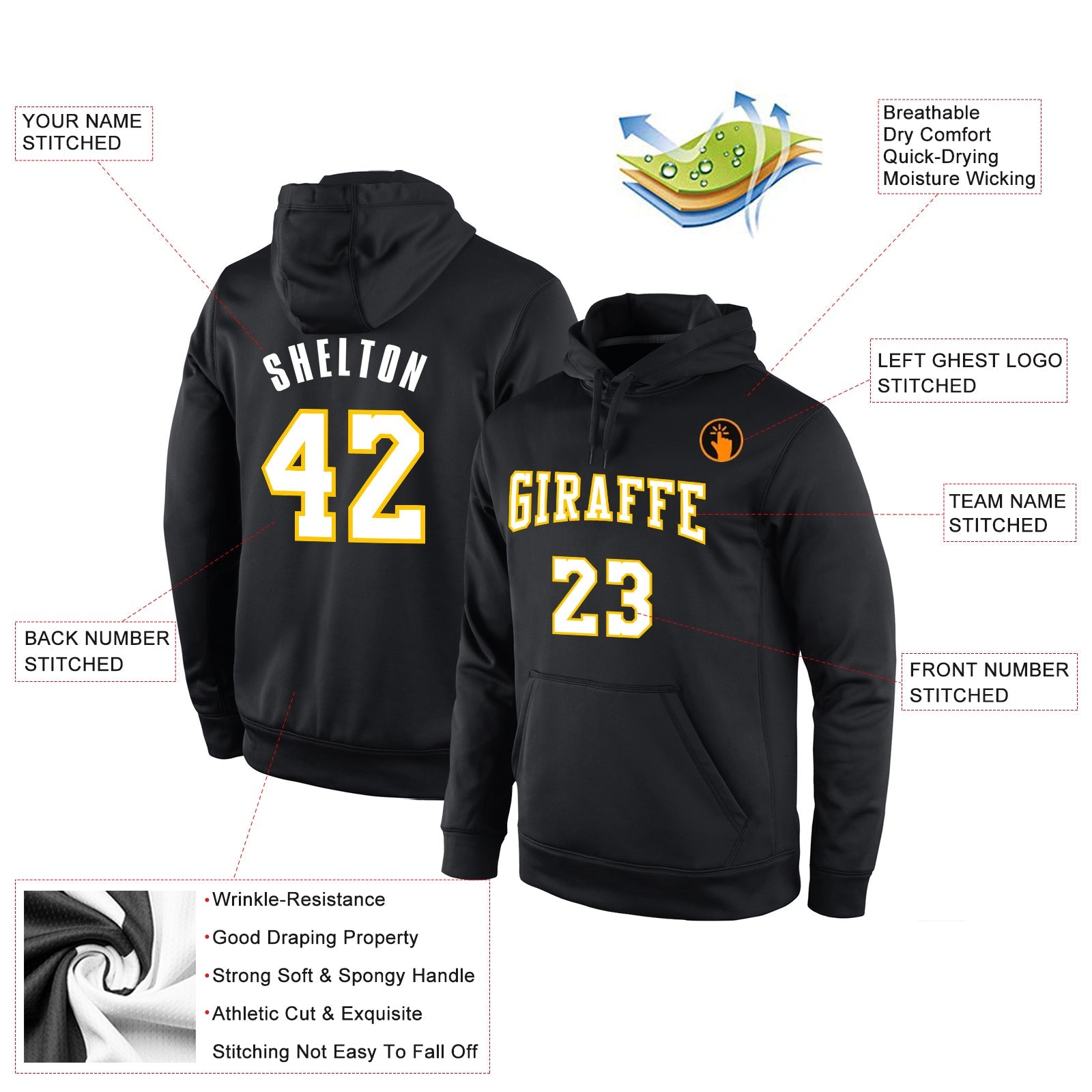 Custom Stitched Black White-Gold Sports Pullover Sweatshirt Hoodie view 2