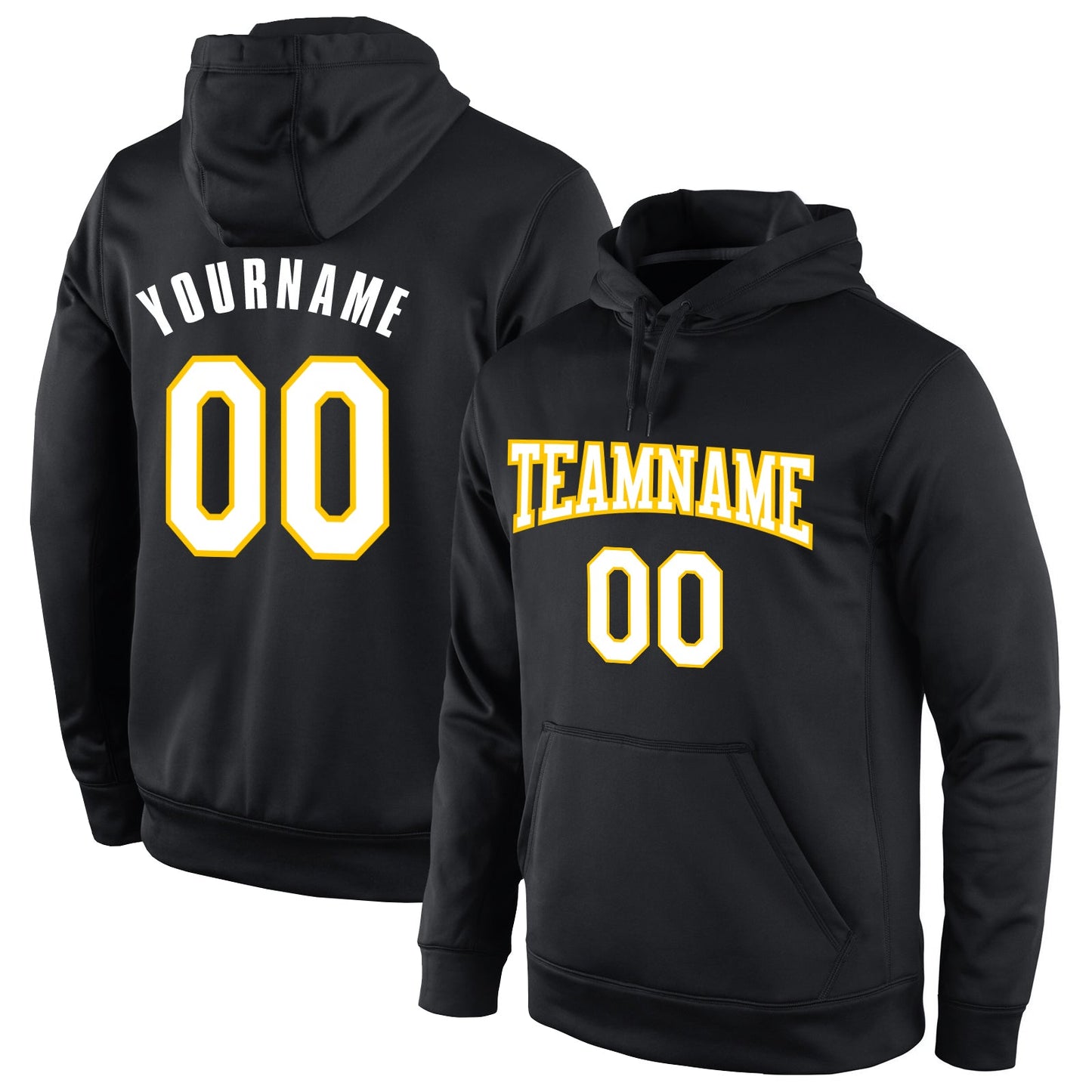Custom Stitched Black White-Gold Sports Pullover Sweatshirt Hoodie - Main View