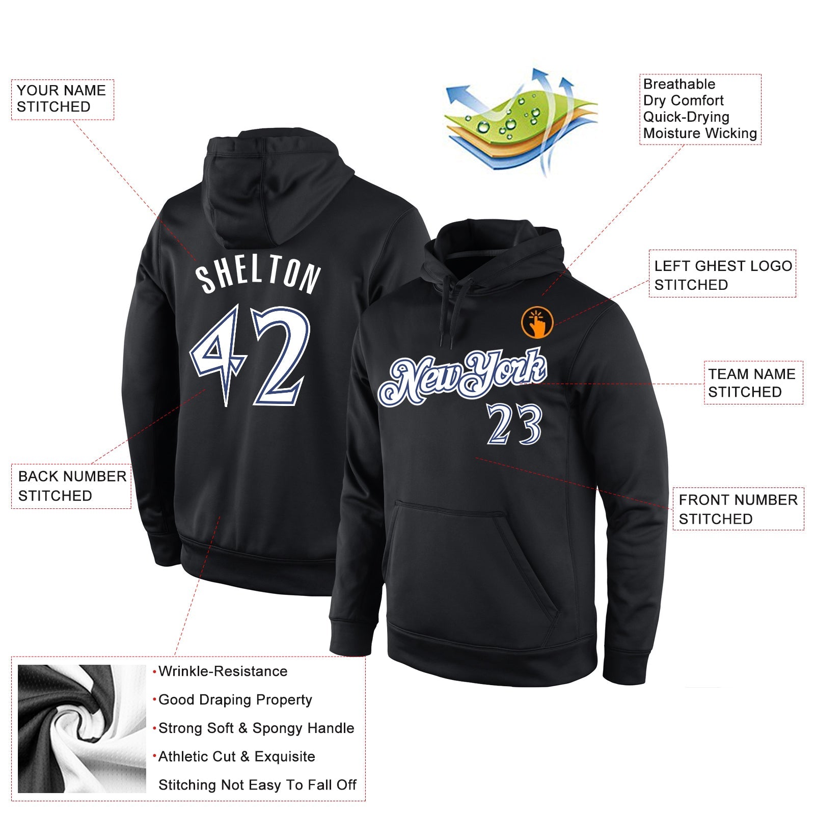 Custom Stitched Black White-Royal Sports Pullover Sweatshirt Hoodie view 2