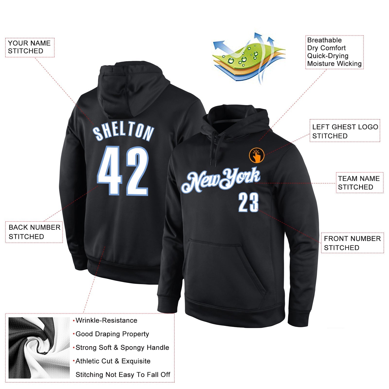 Custom Stitched Black White-Light Blue Sports Pullover Sweatshirt Hoodie view 2