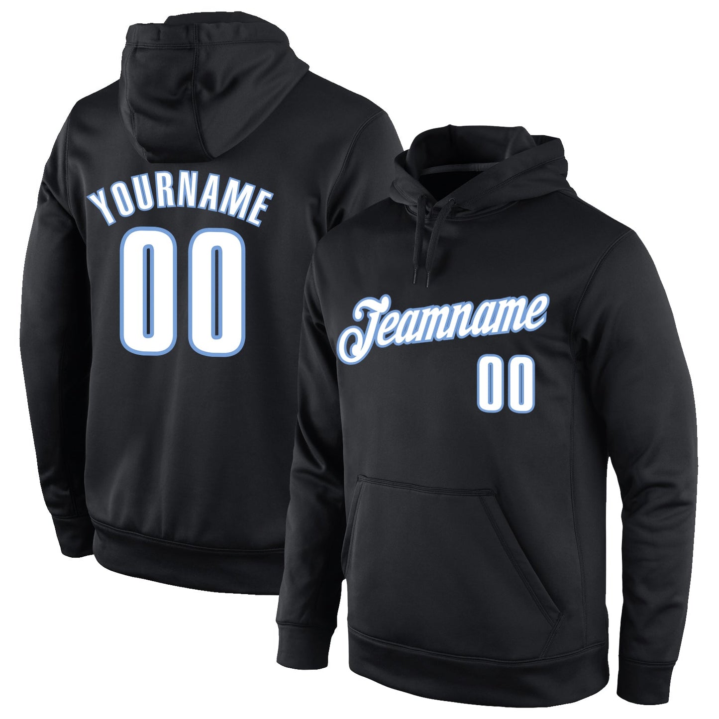 Custom Stitched Black White-Light Blue Sports Pullover Sweatshirt Hoodie - Main View