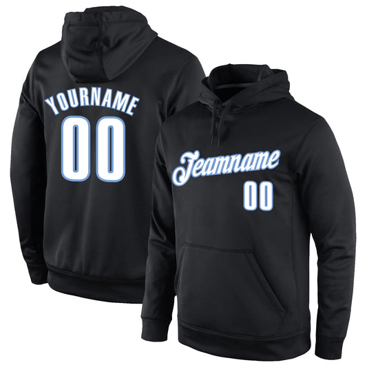 Custom Stitched Black White-Light Blue Sports Pullover Sweatshirt Hoodie - Main View