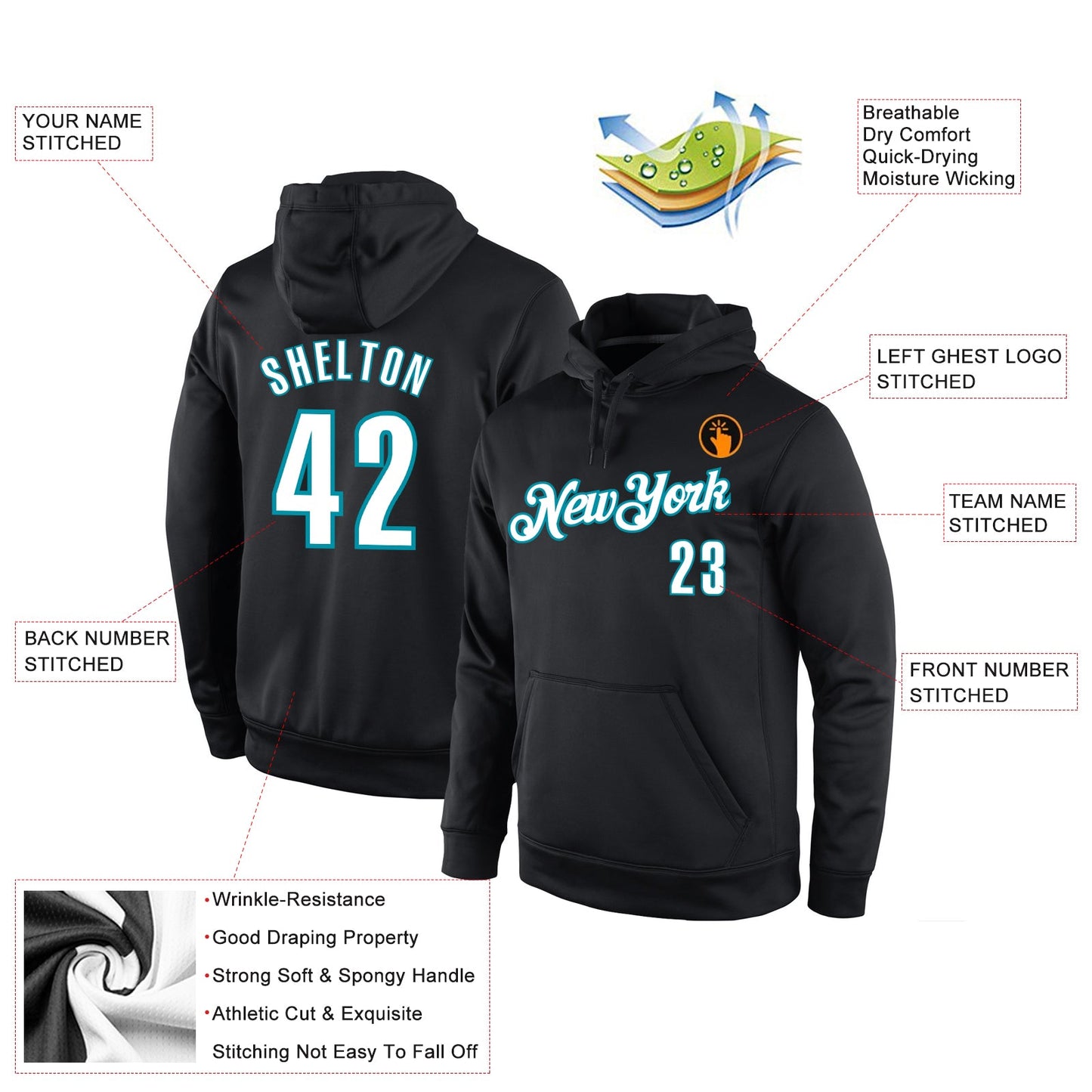Custom Stitched Black White-Teal Sports Pullover Sweatshirt Hoodie view 2