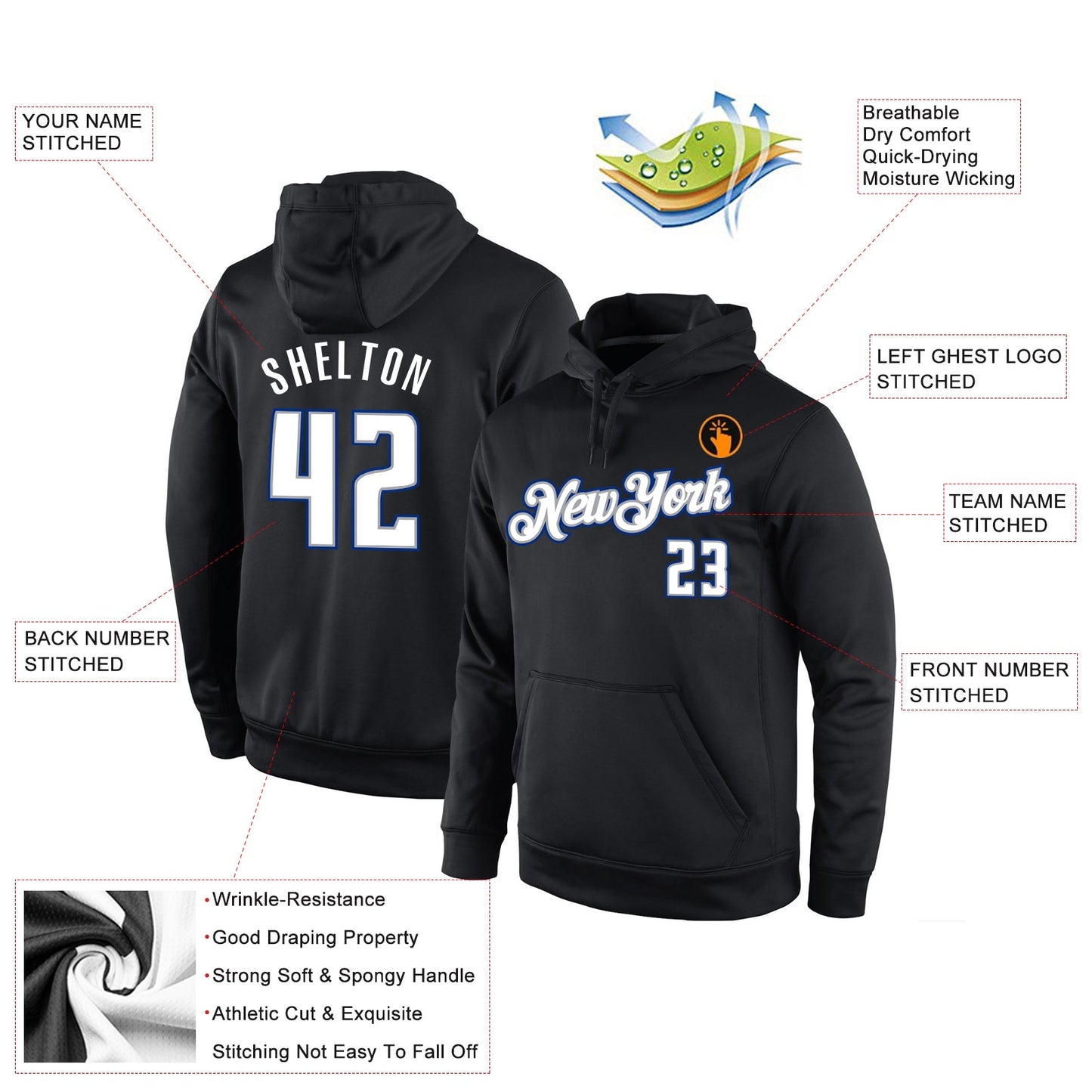 Custom Stitched Black White-Gray Sports Pullover Sweatshirt Hoodie view 2