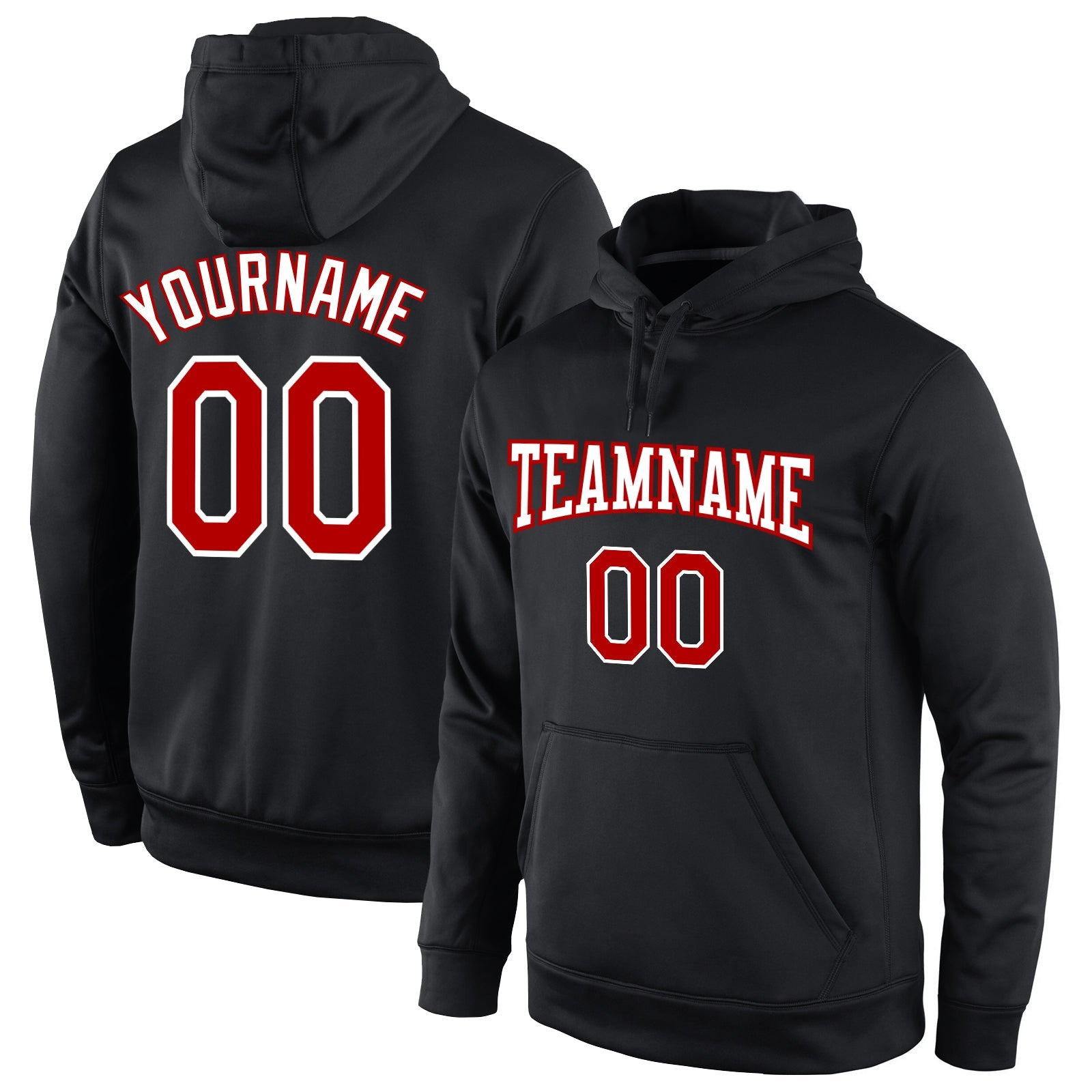 Custom Stitched Black Red-White Sports Pullover Sweatshirt Hoodie - Main View