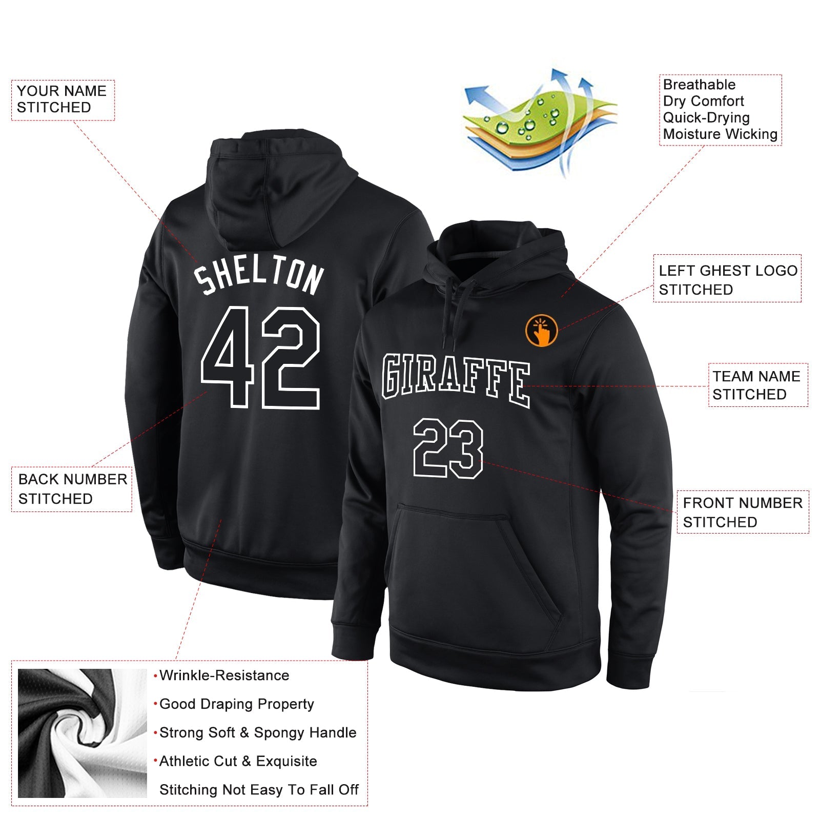 Custom Stitched Black Black-White Sports Pullover Sweatshirt Hoodie view 2