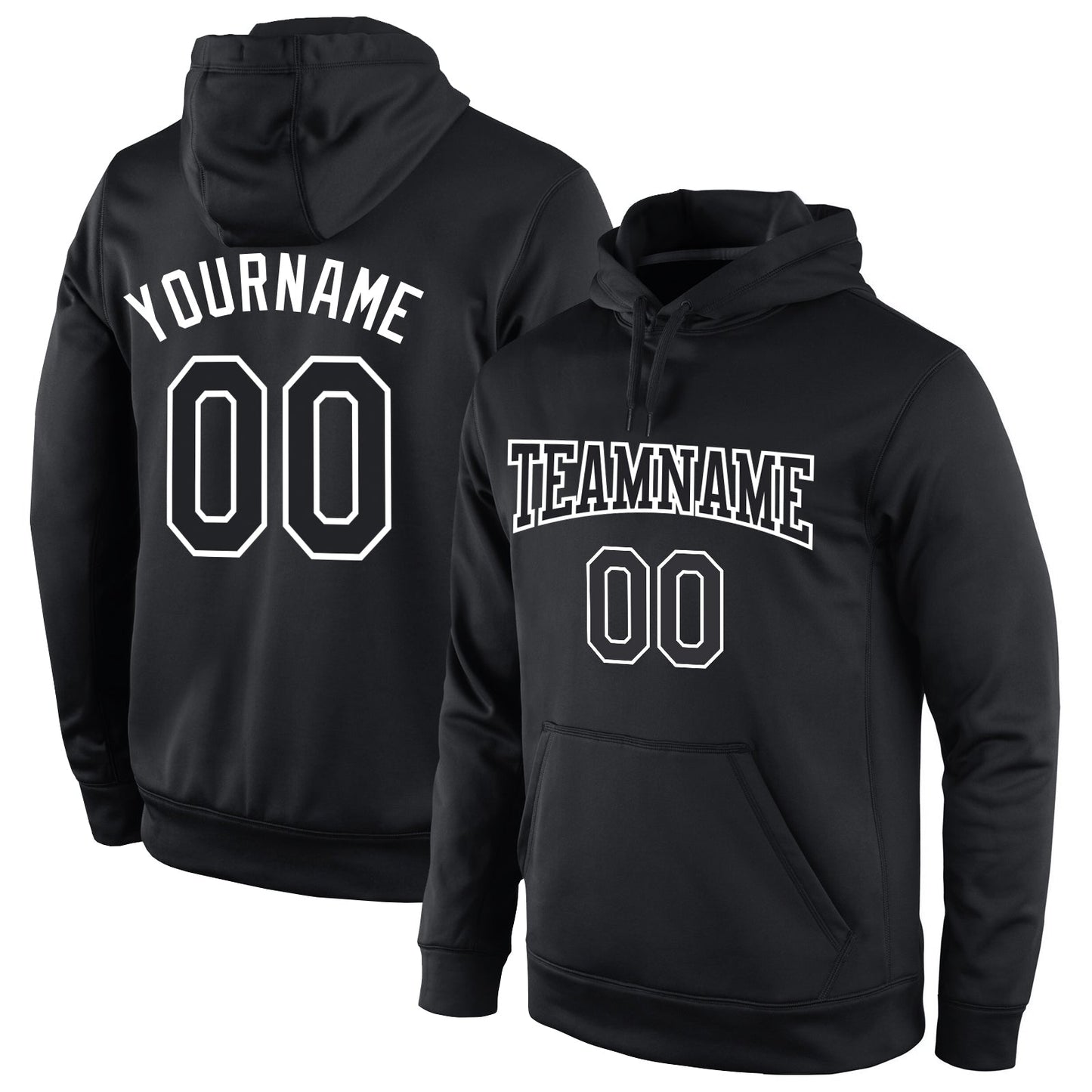Custom Stitched Black Black-White Sports Pullover Sweatshirt Hoodie - Main View