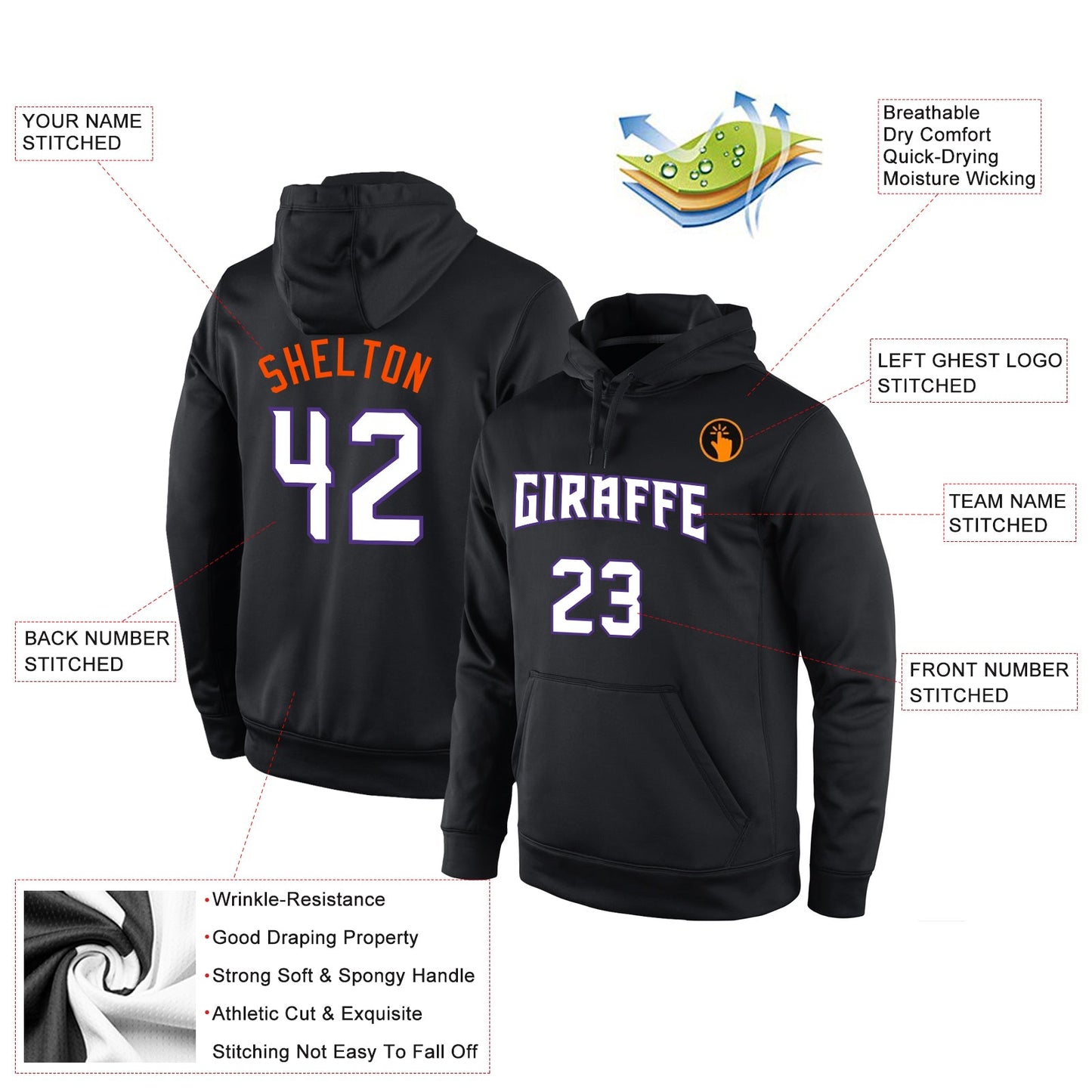 Custom Stitched Black White-Orange Sports Pullover Sweatshirt Hoodie view 2